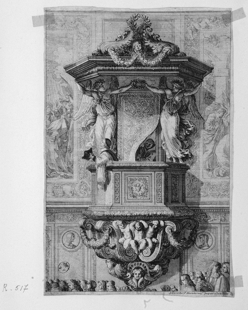 Predicazione dal pulpito, predicazione dal pulpito (stampa smarginata) di Le Pautre Jean - ambito francese (terzo quarto sec. XVII)