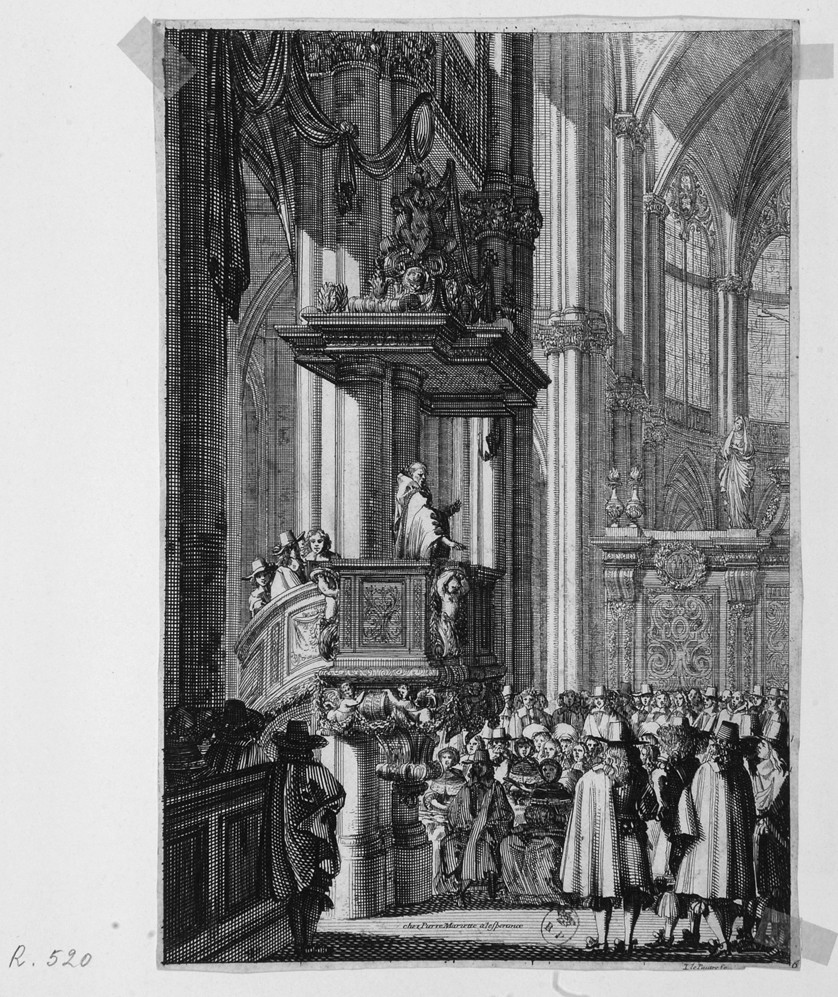 predicazione dal pulpito (stampa smarginata, serie) di Le Pautre Jean - ambito francese (terzo quarto sec. XVII)