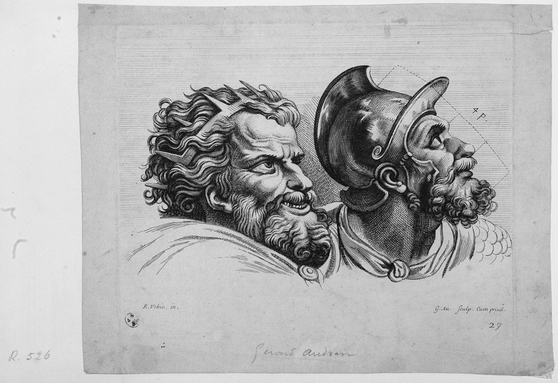 Teste maschili, due teste maschili (stampa) di Audran Gérard, Sanzio Raffaello - ambito francese (seconda metà sec. XVII)