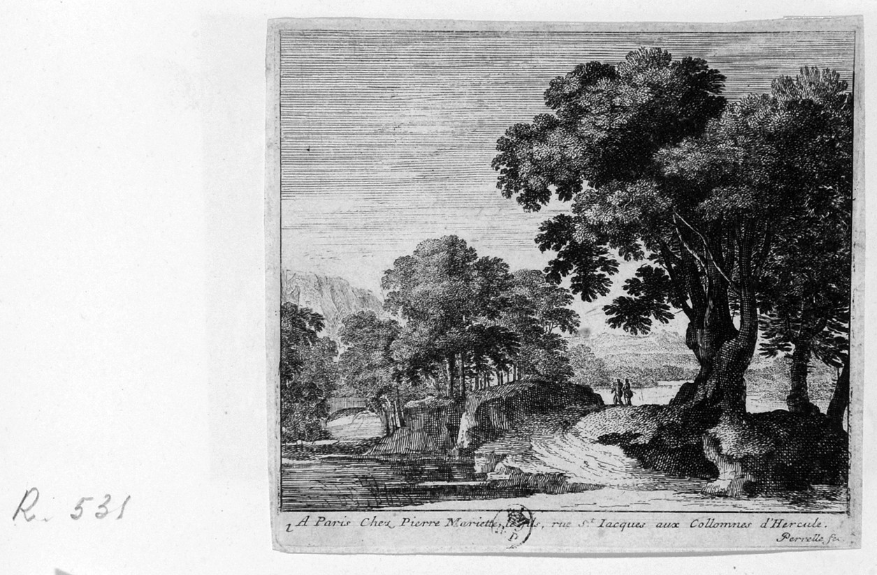 Paesaggio, paesaggio con alberi e figure (stampa smarginata) di Perelle Gabriel - ambito francese (terzo quarto sec. XVII)