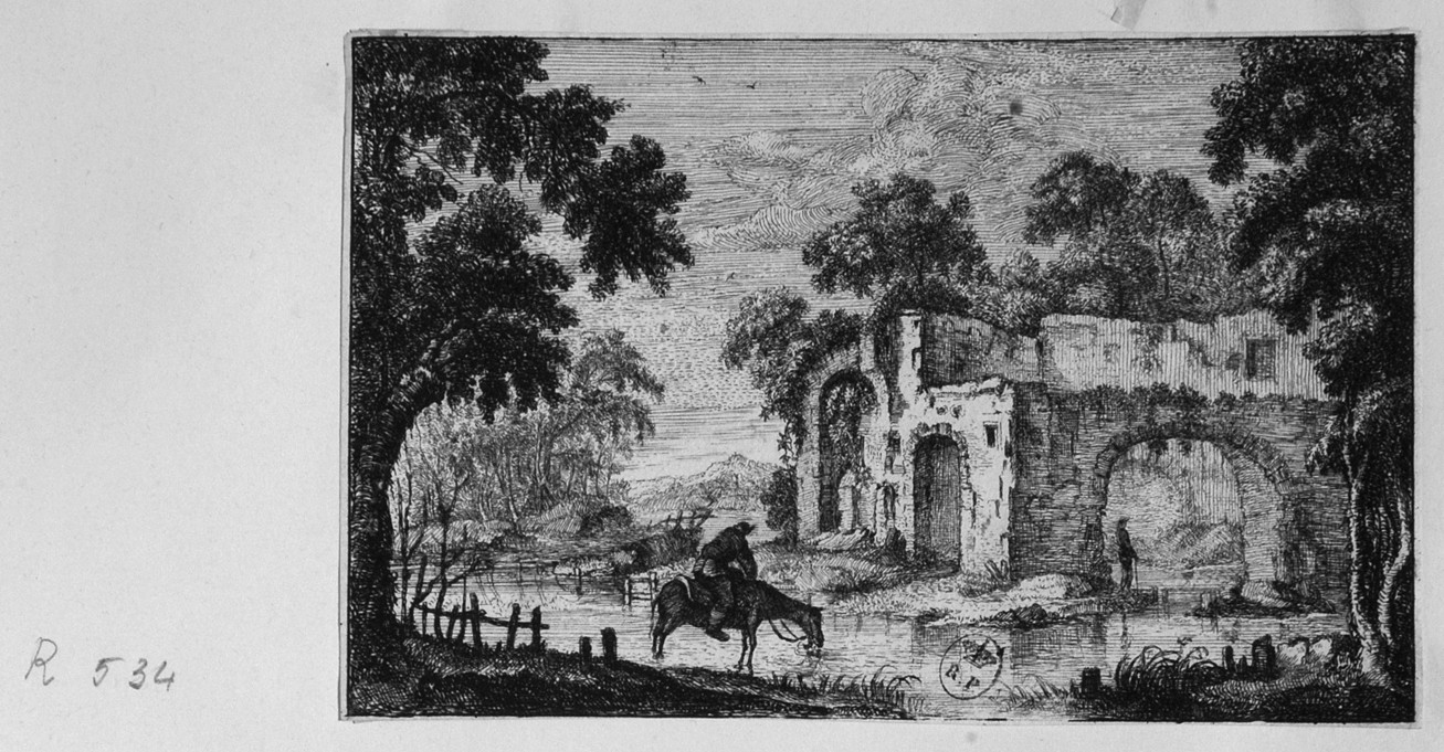 Paesaggio con rovine, paesaggio con rovine, figure e animali (stampa smarginata) di Perelle Gabriel - ambito francese (terzo quarto sec. XVII)
