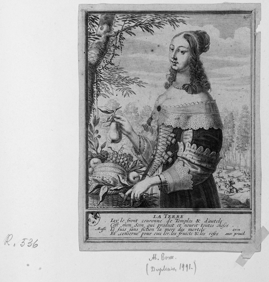 La Terra, allegorie dei quattro elementi: terra (stampa smarginata) di Bosse Abraham - ambito francese (terzo quarto sec. XVII)