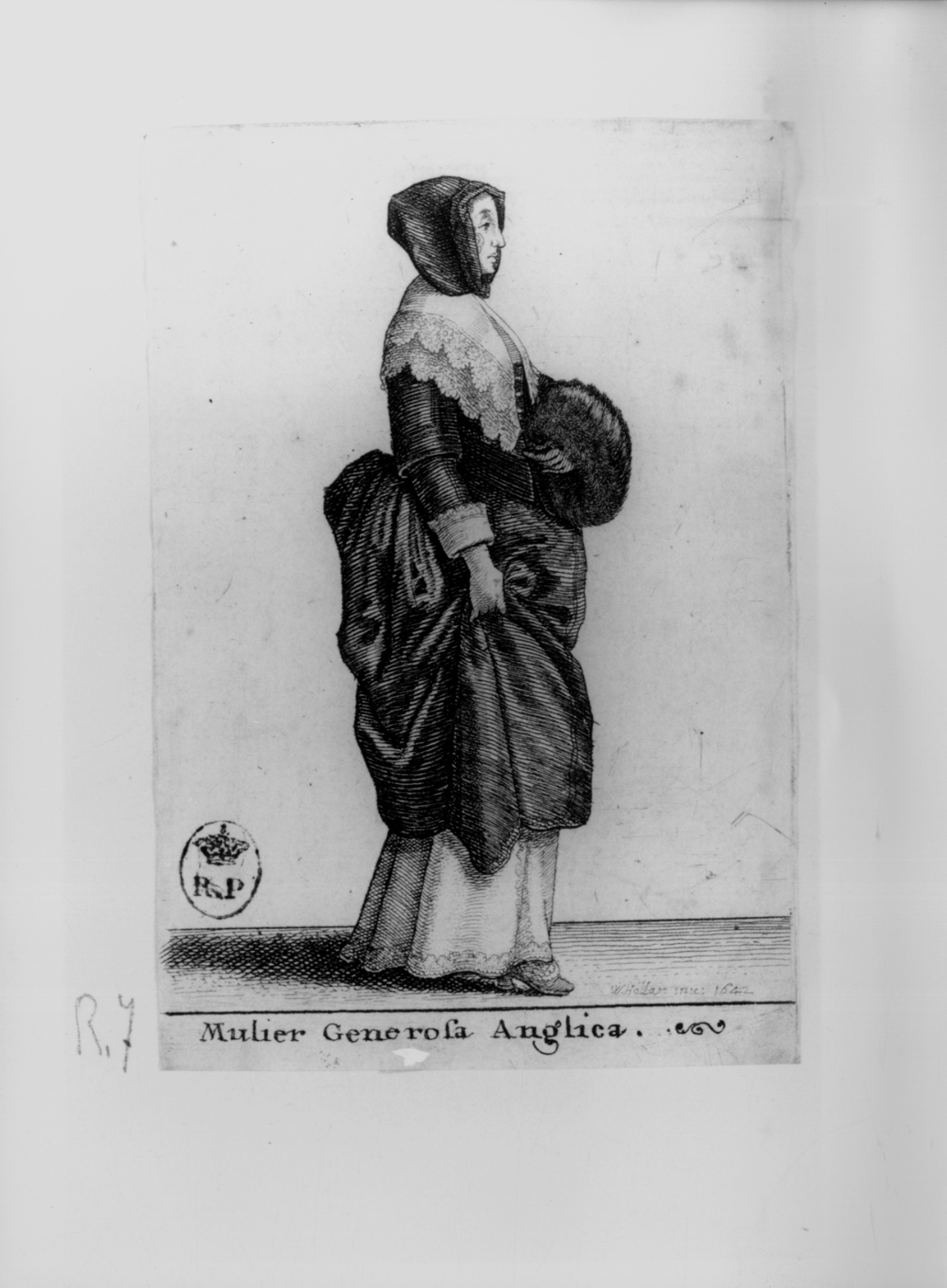 Mulier Generosa Anglica, figura femminile in costume inglese (stampa smarginata, serie) di Hollar Wenzel (secondo quarto sec. XVII)