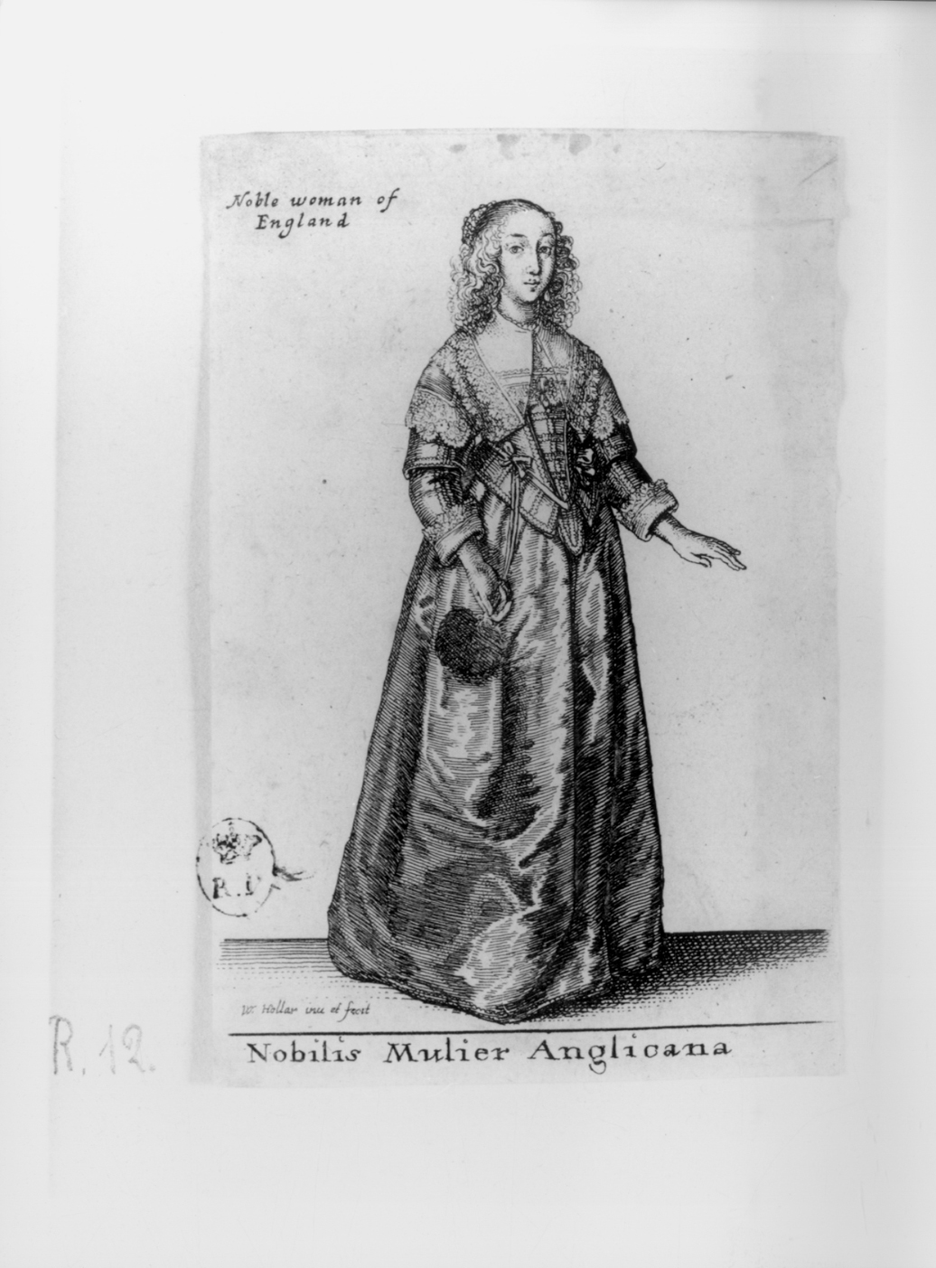 Nobilis Mulier Anglicana, figura femminile in costume inglese (stampa smarginata, serie) di Hollar Wenzel (secondo quarto sec. XVII)