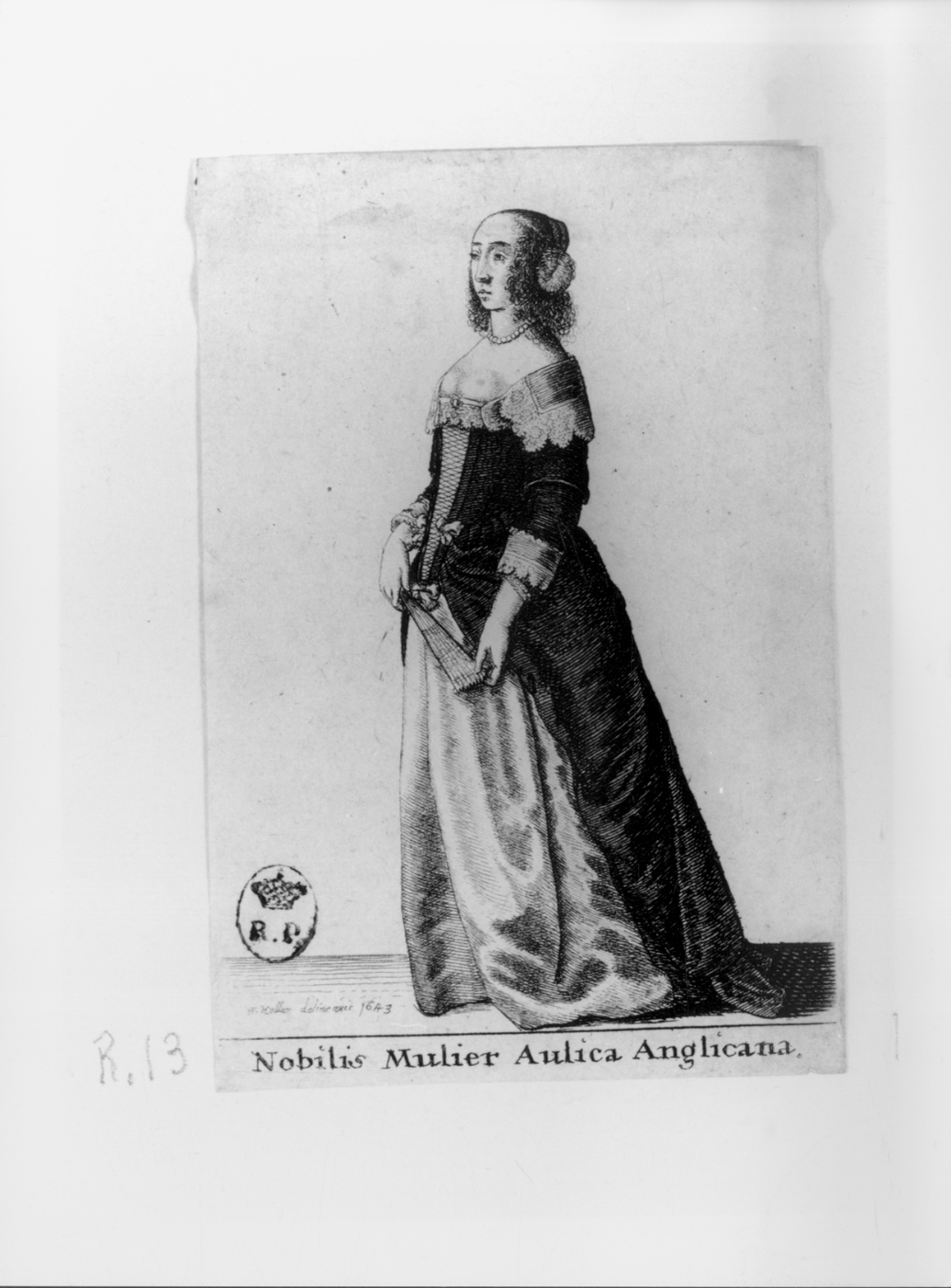 Nobilis Mulier Aulica Anglicana, figura femminile in costume inglese (stampa smarginata, serie) di Hollar Wenzel (secondo quarto sec. XVII)