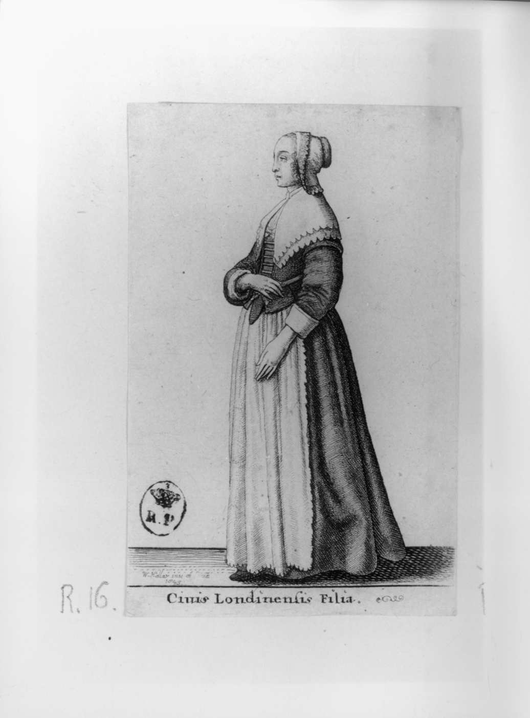 Civis Londinensis Filia, figura femminile in costume londinese (stampa smarginata, serie) di Hollar Wenzel (secondo quarto sec. XVII)