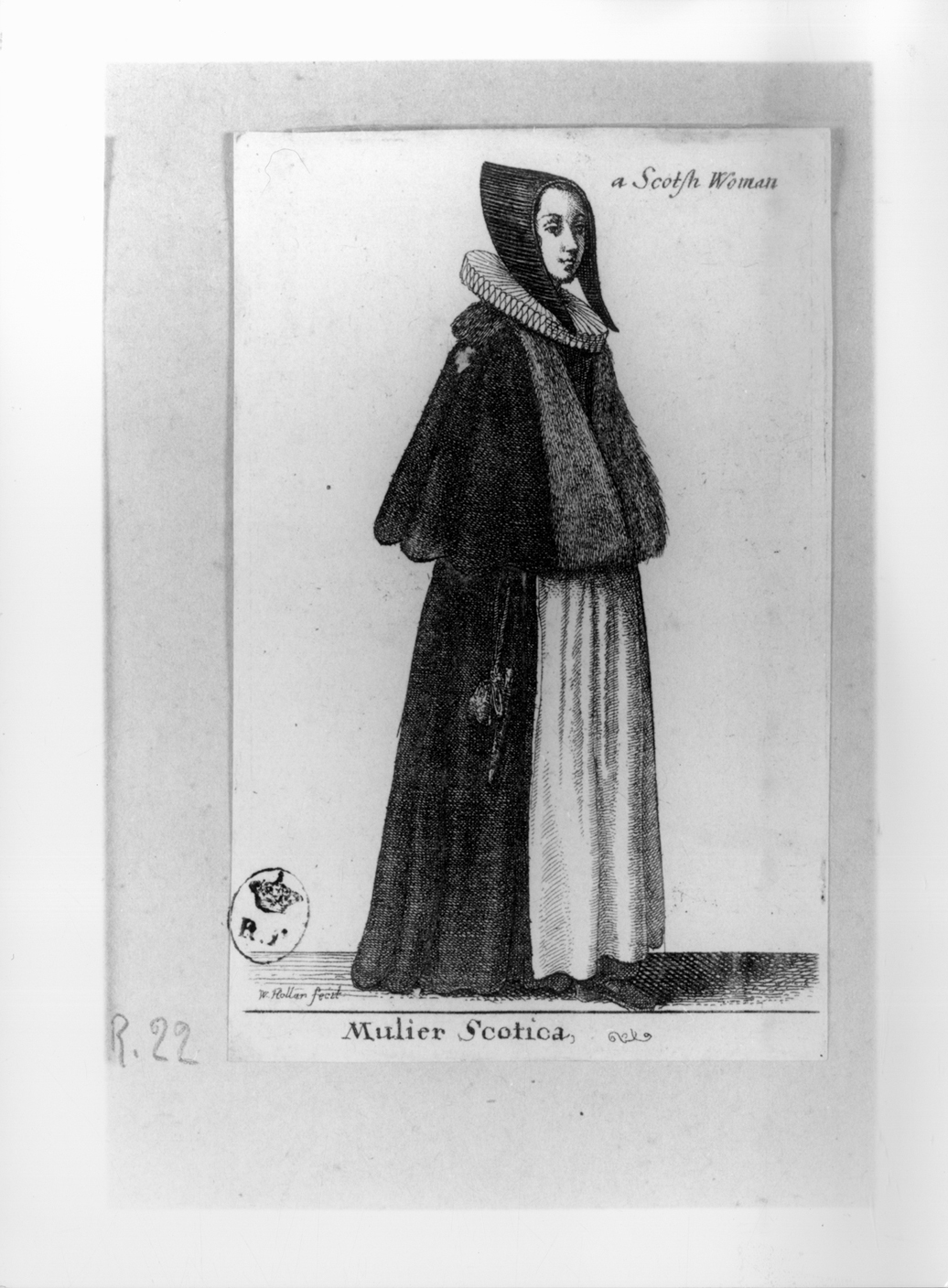 Mulier Scotica, figura femminile in costume scozzese (stampa smarginata, serie) di Hollar Wenzel (secondo quarto sec. XVII)