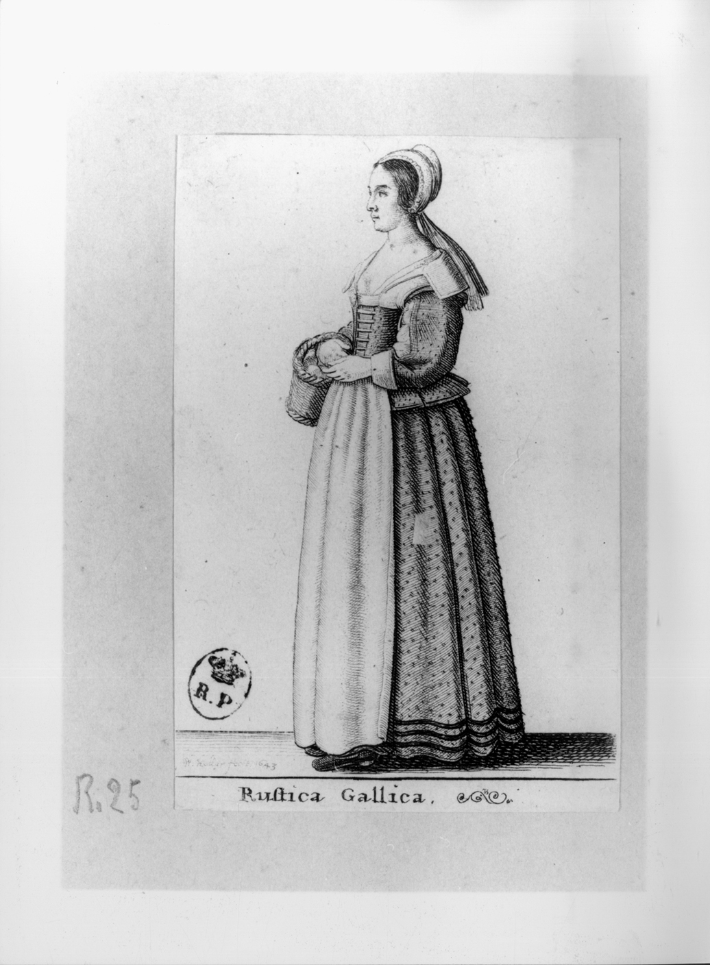 Rustica Gallica, figura femminile in costume francese (stampa smarginata, serie) di Hollar Wenzel (secondo quarto sec. XVII)