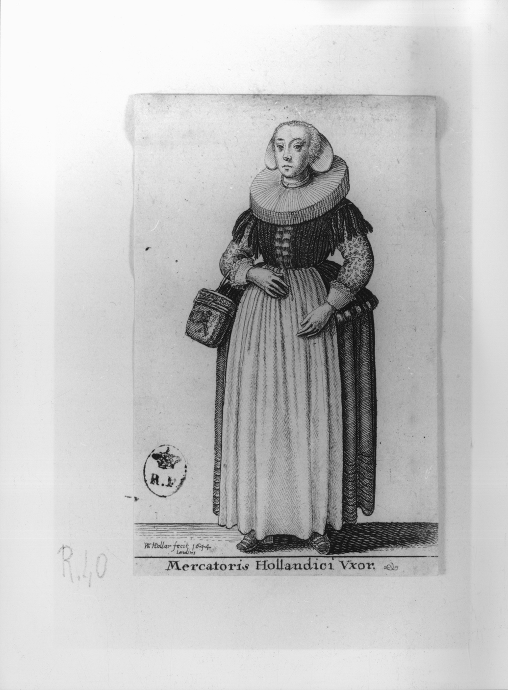 Mercatoris Hollandis Uxor, figura femminile in costume olandese (stampa smarginata, serie) di Hollar Wenzel (secondo quarto sec. XVII)