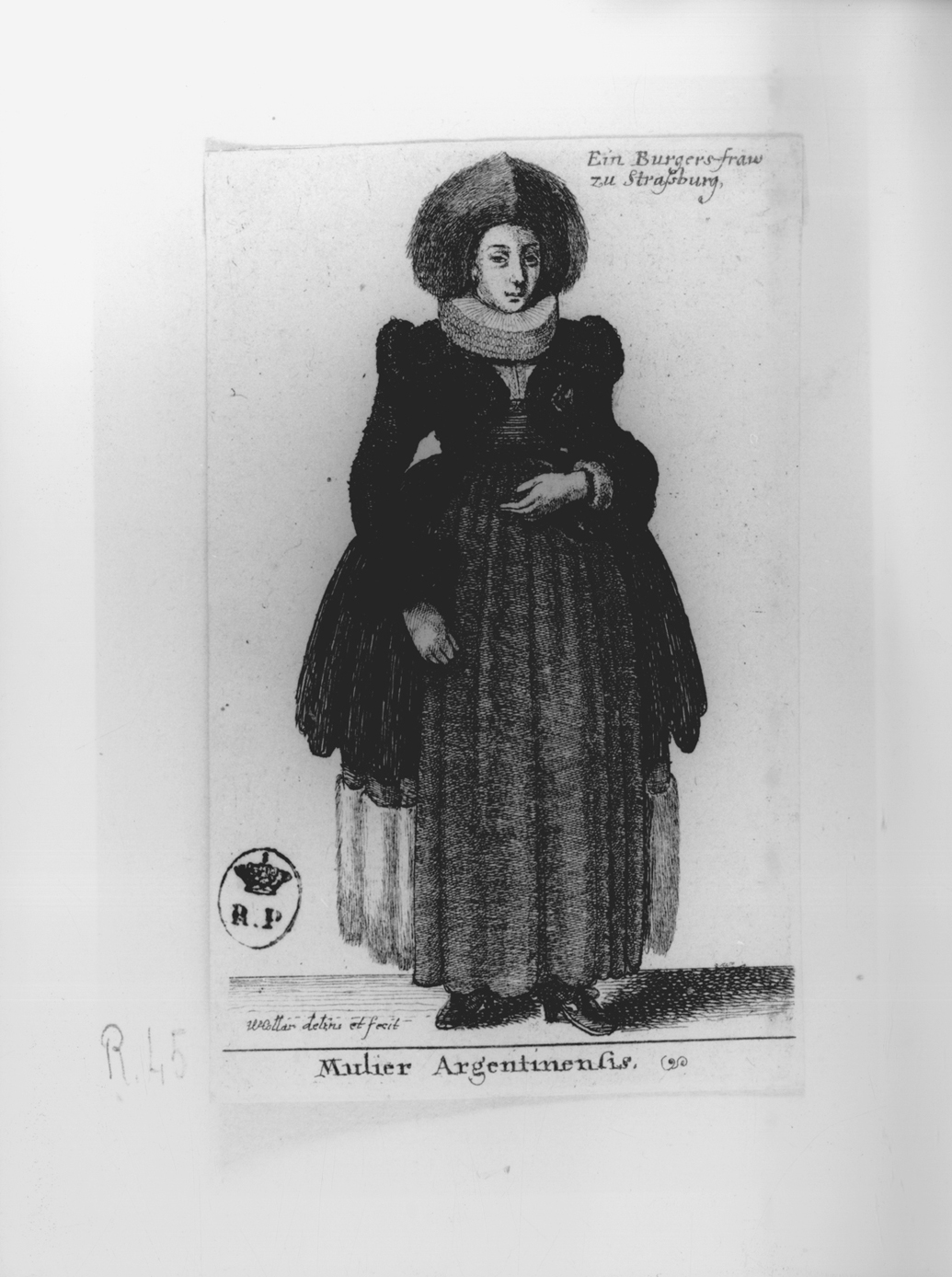 Mulier Argentinensis, figura femminile in costume della Germania settentrionale (stampa smarginata, serie) di Hollar Wenzel (secondo quarto sec. XVII)