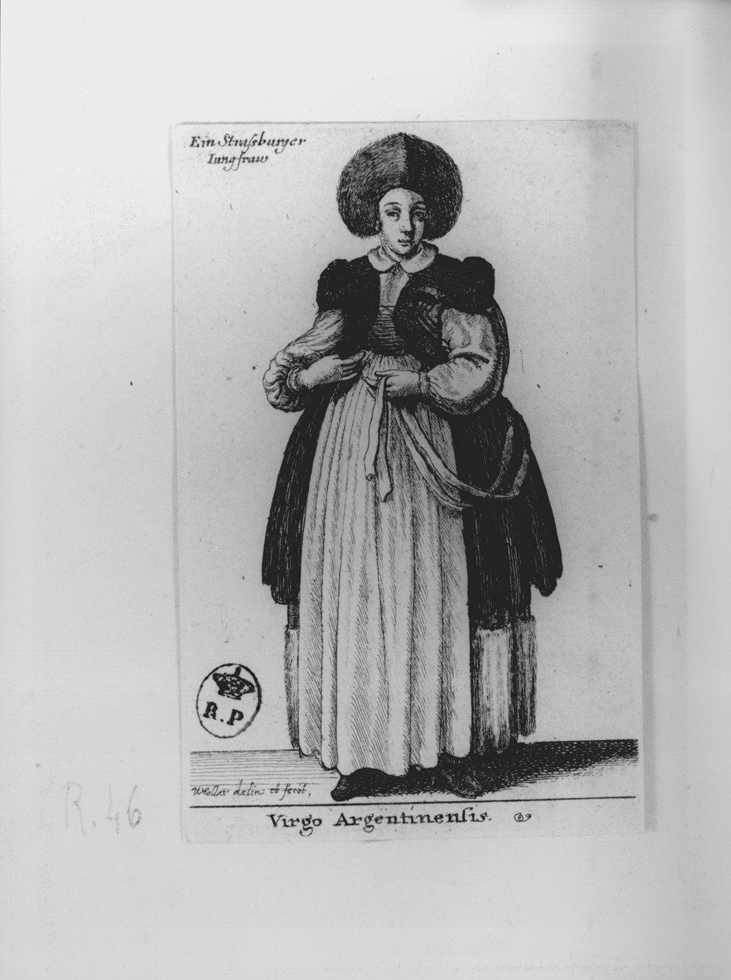 Virgo Argentinensis, figura femminile in costume della Germania settentrionale (stampa smarginata, serie) di Hollar Wenzel (secondo quarto sec. XVII)