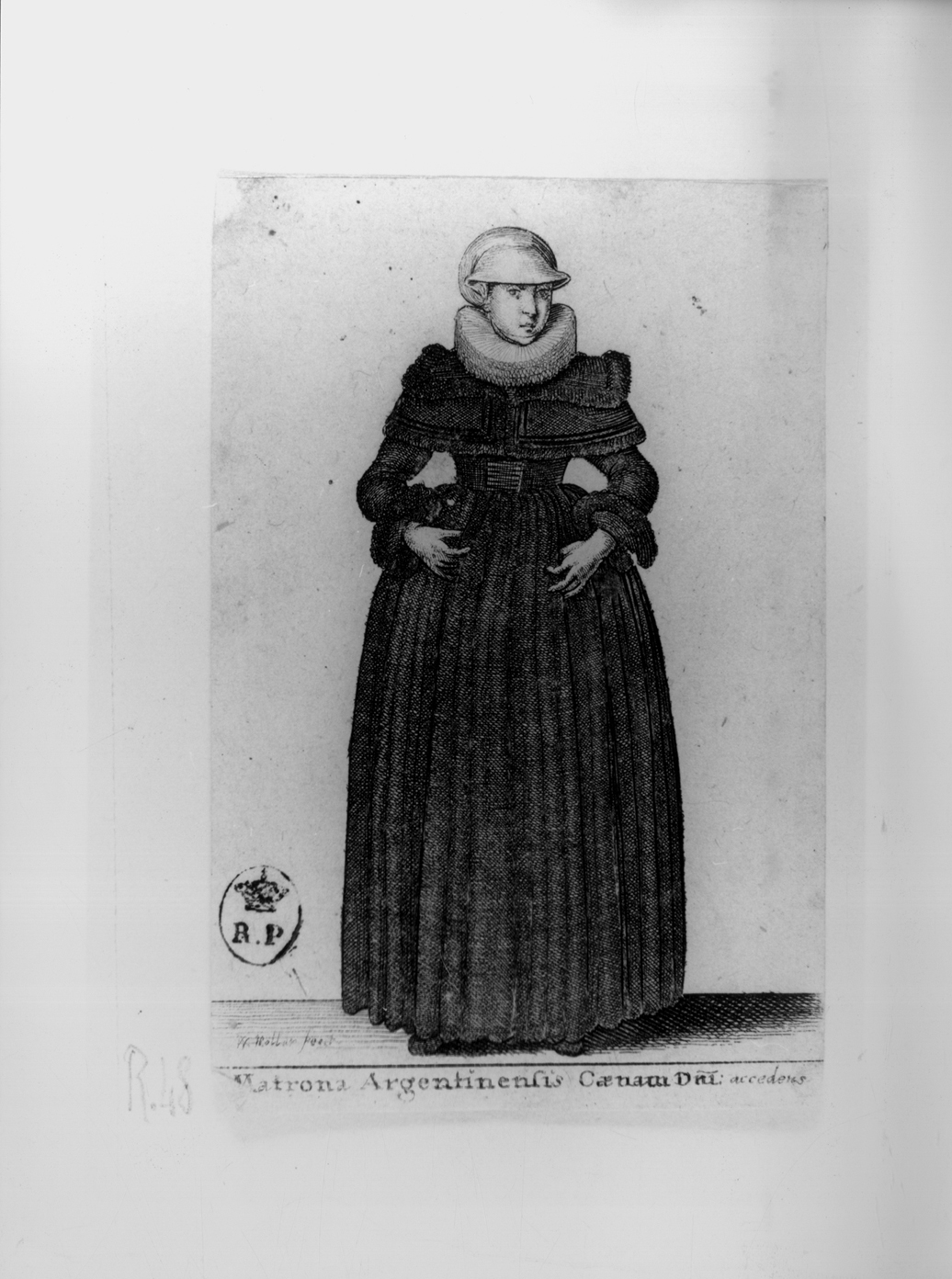 Matrona Argentinensis, figura femminile in costume della Germania settentrionale (stampa smarginata, serie) di Hollar Wenzel (secondo quarto sec. XVII)