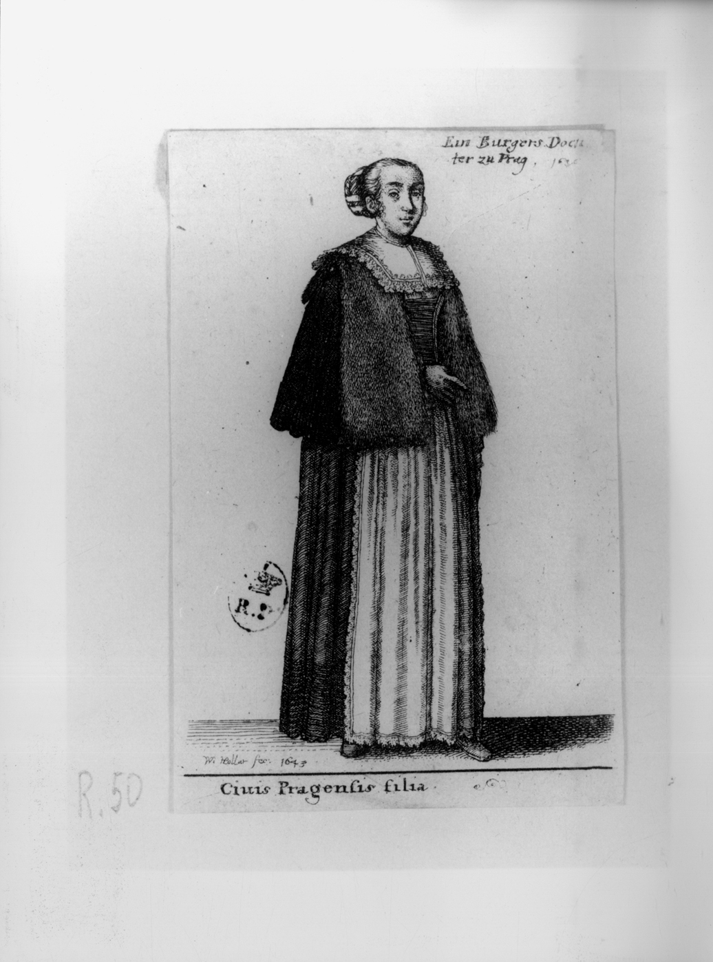 Civis Pragensis Filia, figura femminile in costume ceco (stampa smarginata, serie) di Hollar Wenzel (secondo quarto sec. XVII)