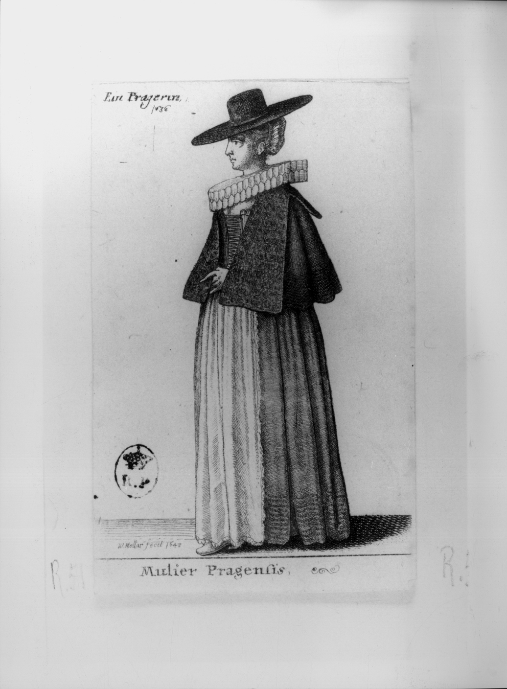 Mulier Pragensis, figura femminile in costume ceco (stampa smarginata, serie) di Hollar Wenzel (secondo quarto sec. XVII)