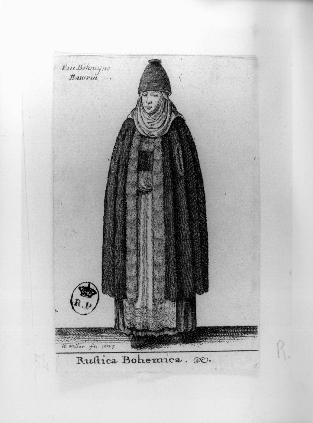 Rustica Bohemica, figura femminile in costume boemo (stampa smarginata, serie) di Hollar Wenzel (secondo quarto sec. XVII)