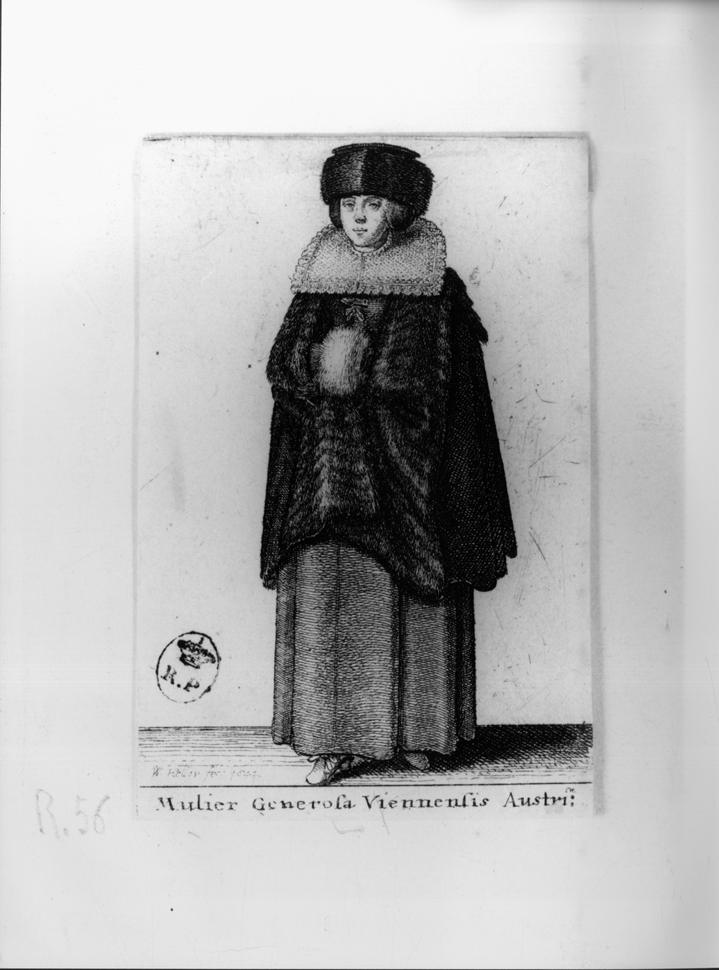 Mulier Generosa Viennensis, figura femminile in costume austriaco (stampa smarginata, serie) di Hollar Wenzel (secondo quarto sec. XVII)