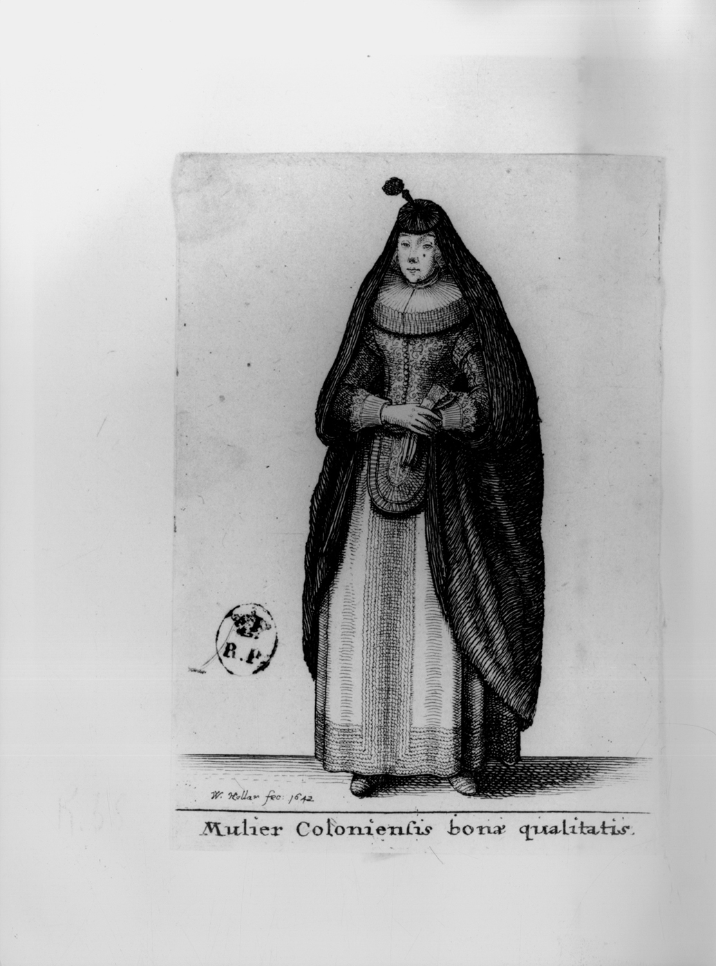 Mulier Coloniensis bonae qualitatis, figura femminile in costume tedesco (stampa smarginata, serie) di Hollar Wenzel (secondo quarto sec. XVII)