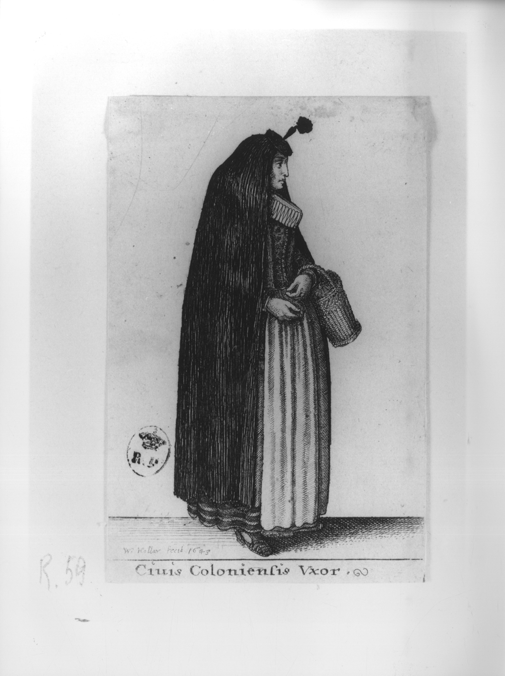 Civis Coloniensis Uxor, figura femminile in costume tedesco (stampa smarginata, serie) di Hollar Wenzel (secondo quarto sec. XVII)