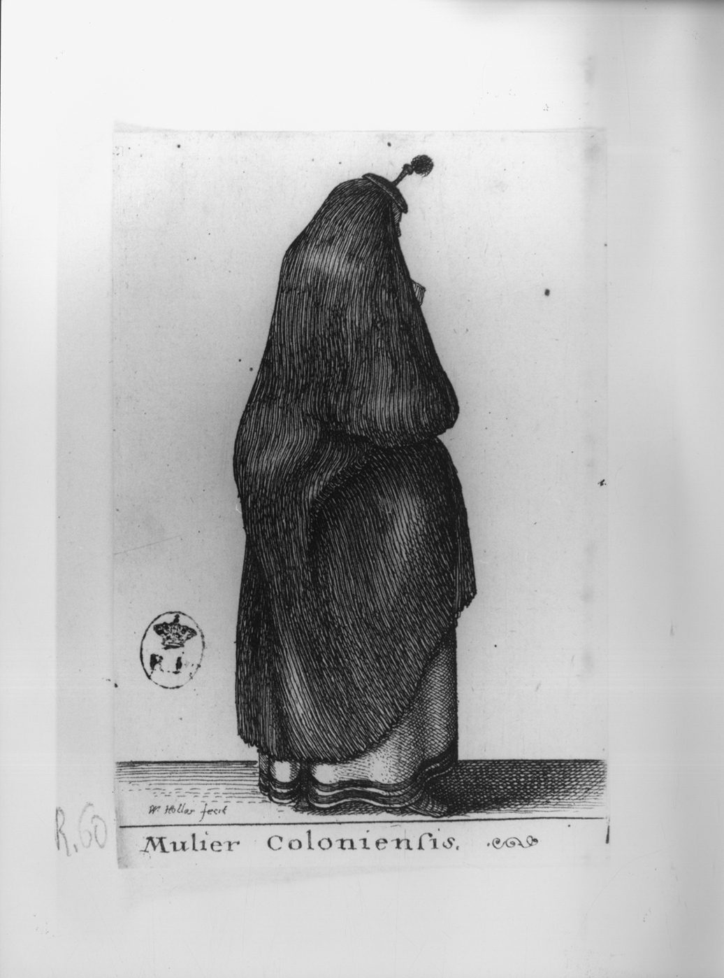 Mulier Coloniensis, figura femminile in costume tedesco (stampa smarginata, serie) di Hollar Wenzel (secondo quarto sec. XVII)