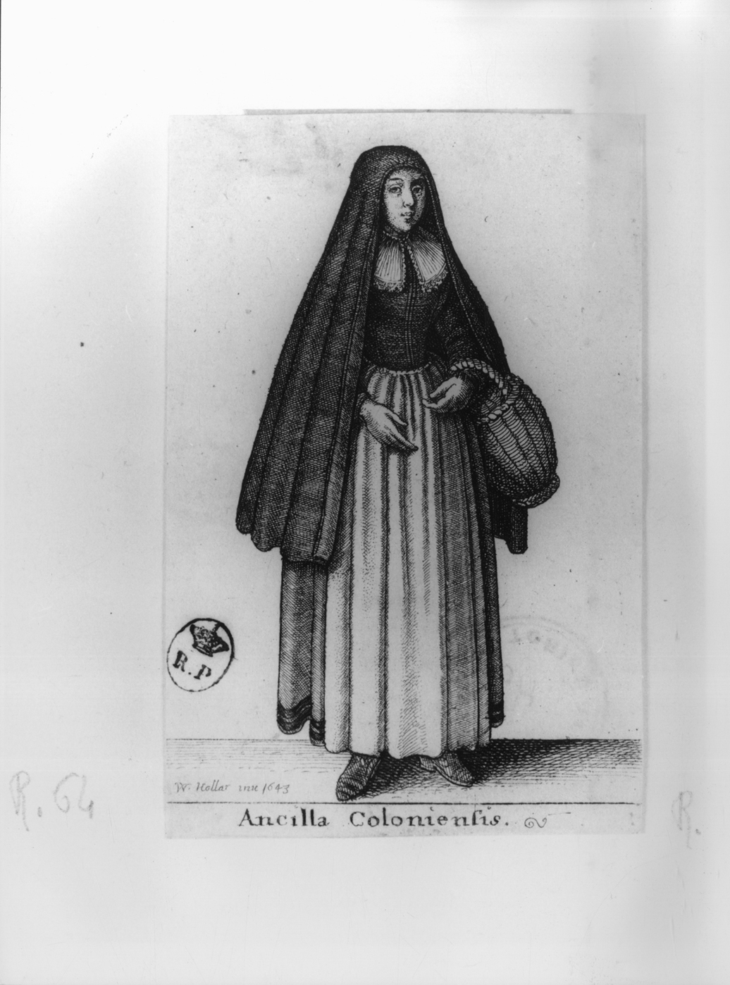 Ancilla Coloniensis, figura femminile in costume tedesco (stampa smarginata, serie) di Hollar Wenzel (secondo quarto sec. XVII)