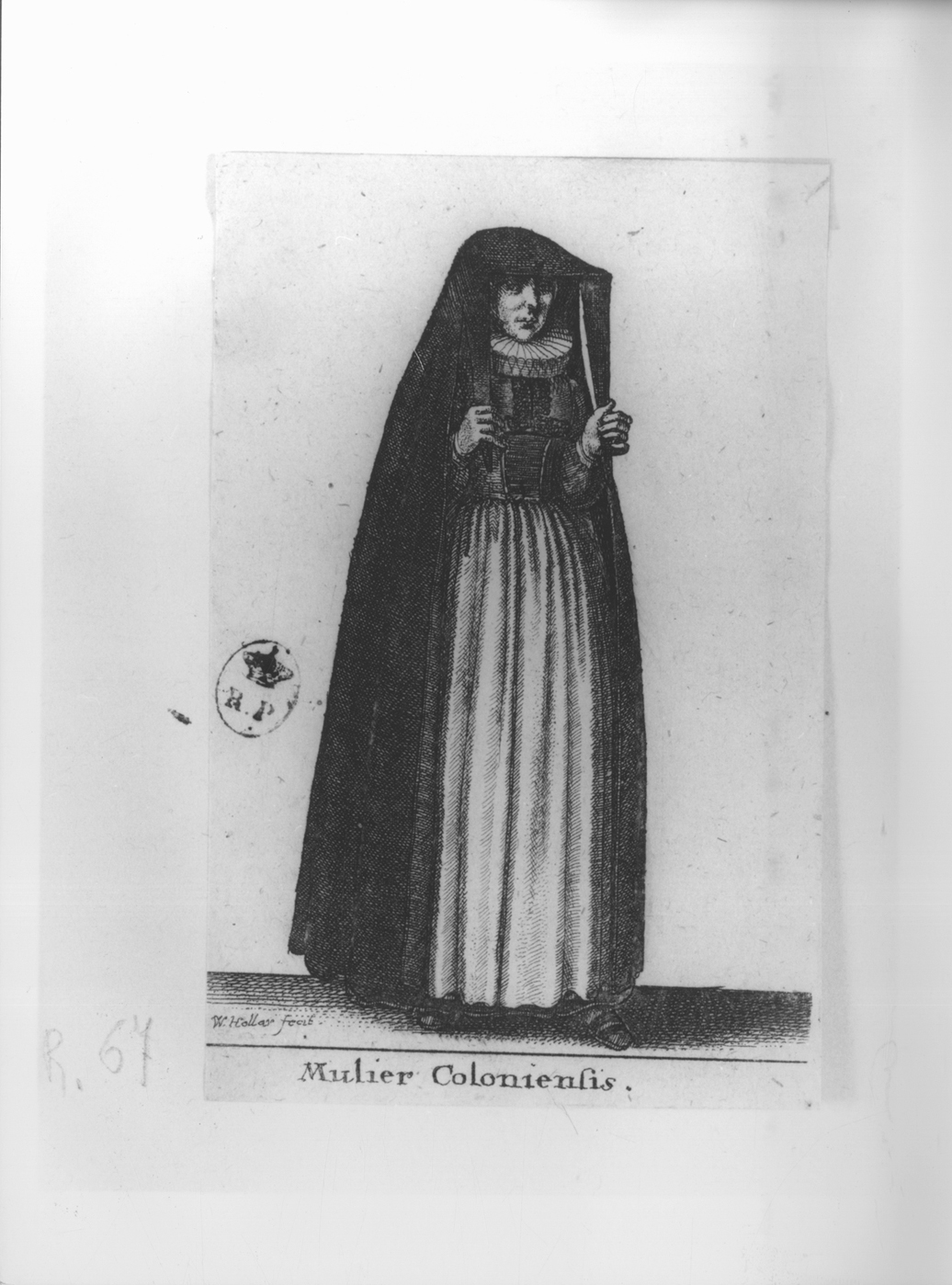 Mulier Coloniensis, figura femminile in costume tedesco (stampa smarginata, serie) di Hollar Wenzel (secondo quarto sec. XVII)