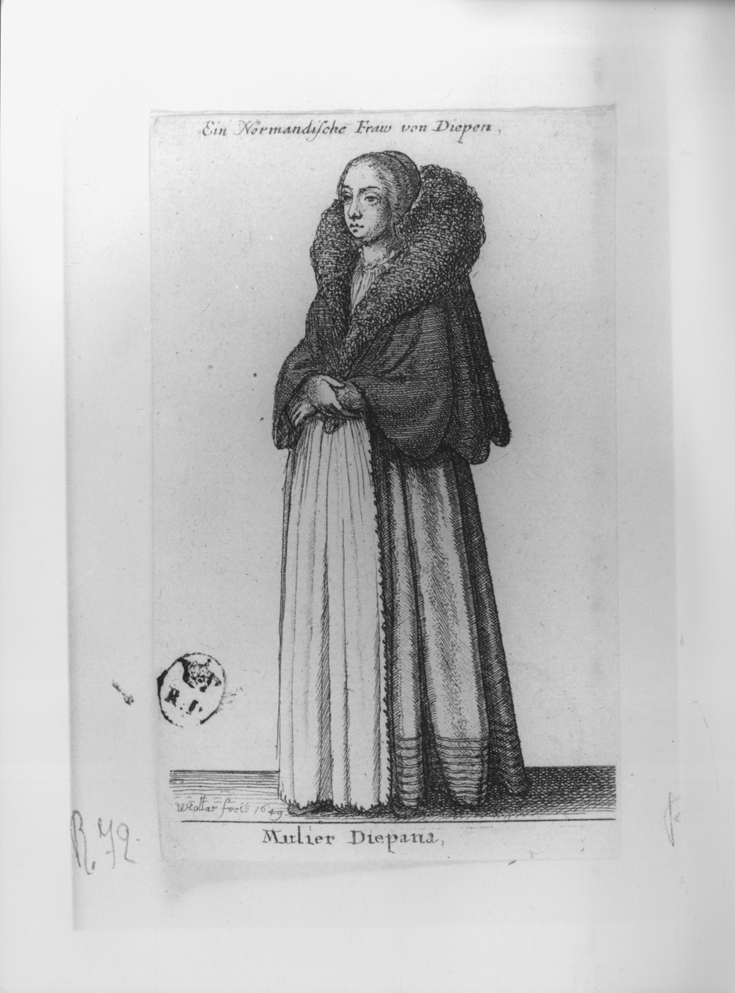 Mulier Diepana, figura femminile in costume francese (stampa smarginata, serie) di Hollar Wenzel (secondo quarto sec. XVII)