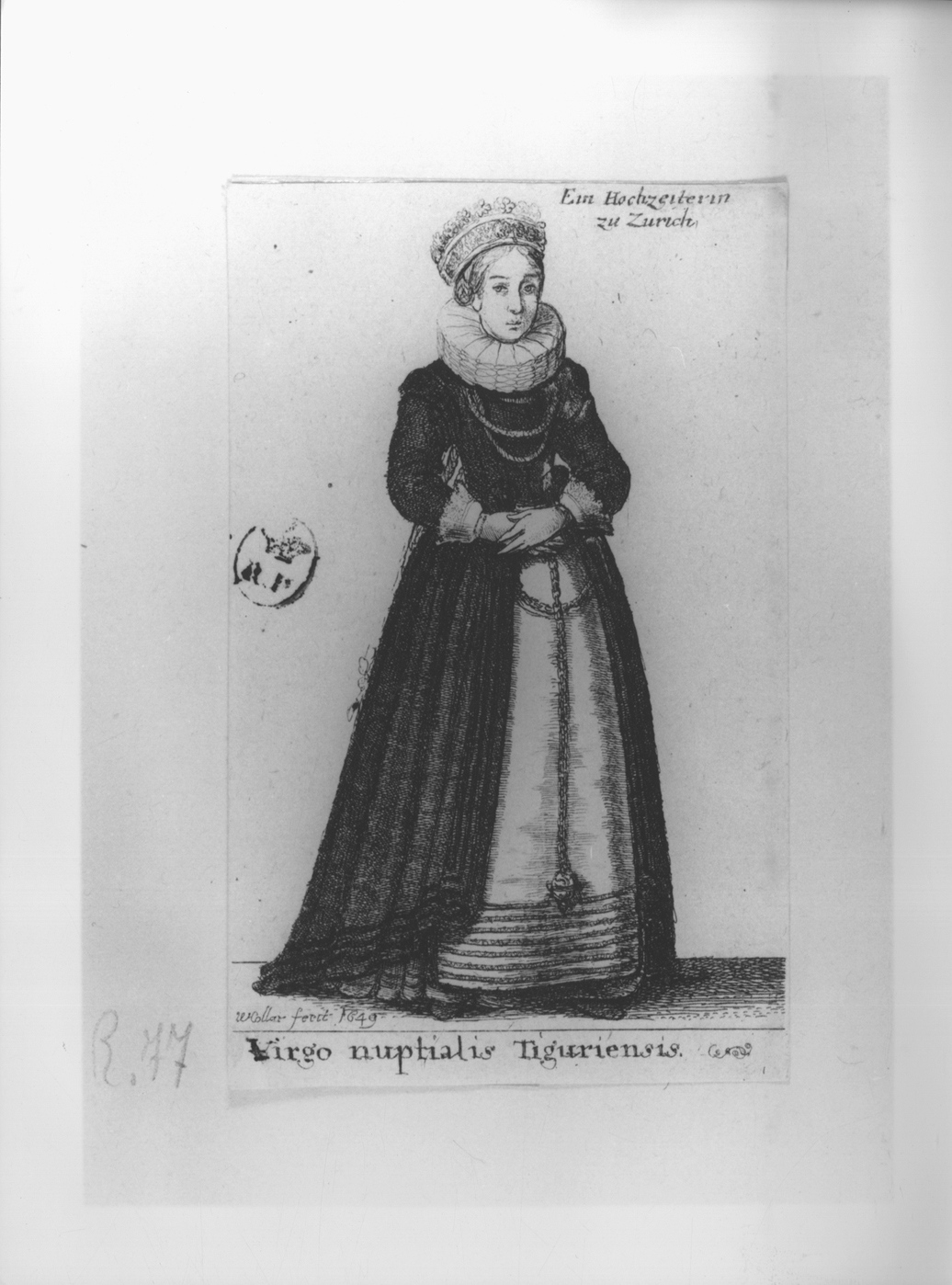 Virgo Nuptialis Tiguriensis, figura femminile in costume svizzero (stampa smarginata, serie) di Hollar Wenzel (secondo quarto sec. XVII)