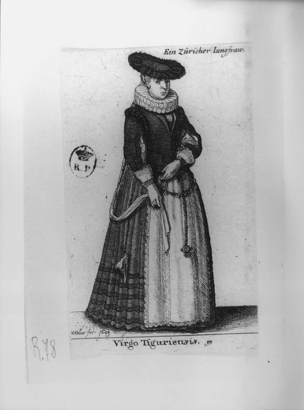 Virgo Tiguriensis, figura femminile in costume svizzero (stampa smarginata, serie) di Hollar Wenzel (secondo quarto sec. XVII)