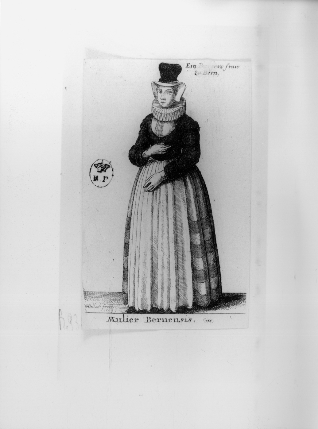 Mulier Bernensis, figura femminile in costume svizzera (stampa smarginata, serie) di Hollar Wenzel (secondo quarto sec. XVII)