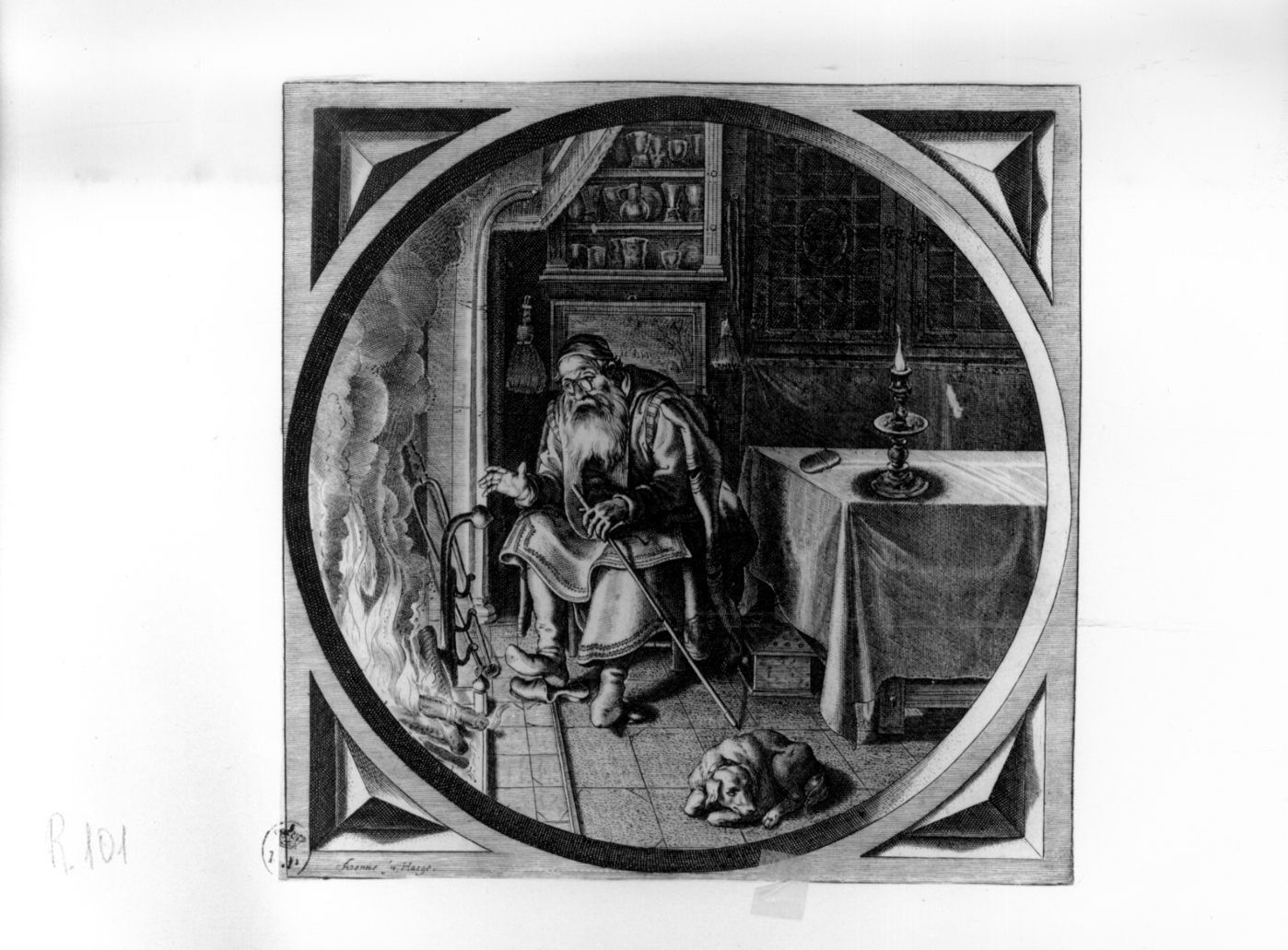 Vecchio al camino con cane, vecchio con cane (stampa smarginata, elemento d'insieme) di van de Venne Adriaen Pietersz (scuola) (secondo quarto sec. XVII)