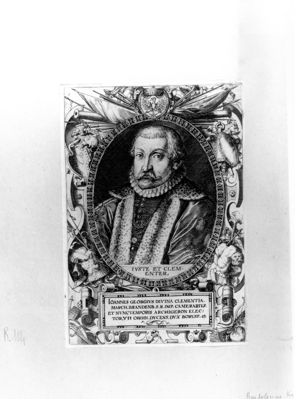 Ritratto di Giovanni Giorgio marchese di Brandeburgo, ritratto a mezzo busto di Giovanni Giorgio di Hohenzollern principe elettore di Brandeburgo (stampa smarginata, elemento d'insieme) di Kilian Bartholomeus (ultimo quarto sec. XVI)