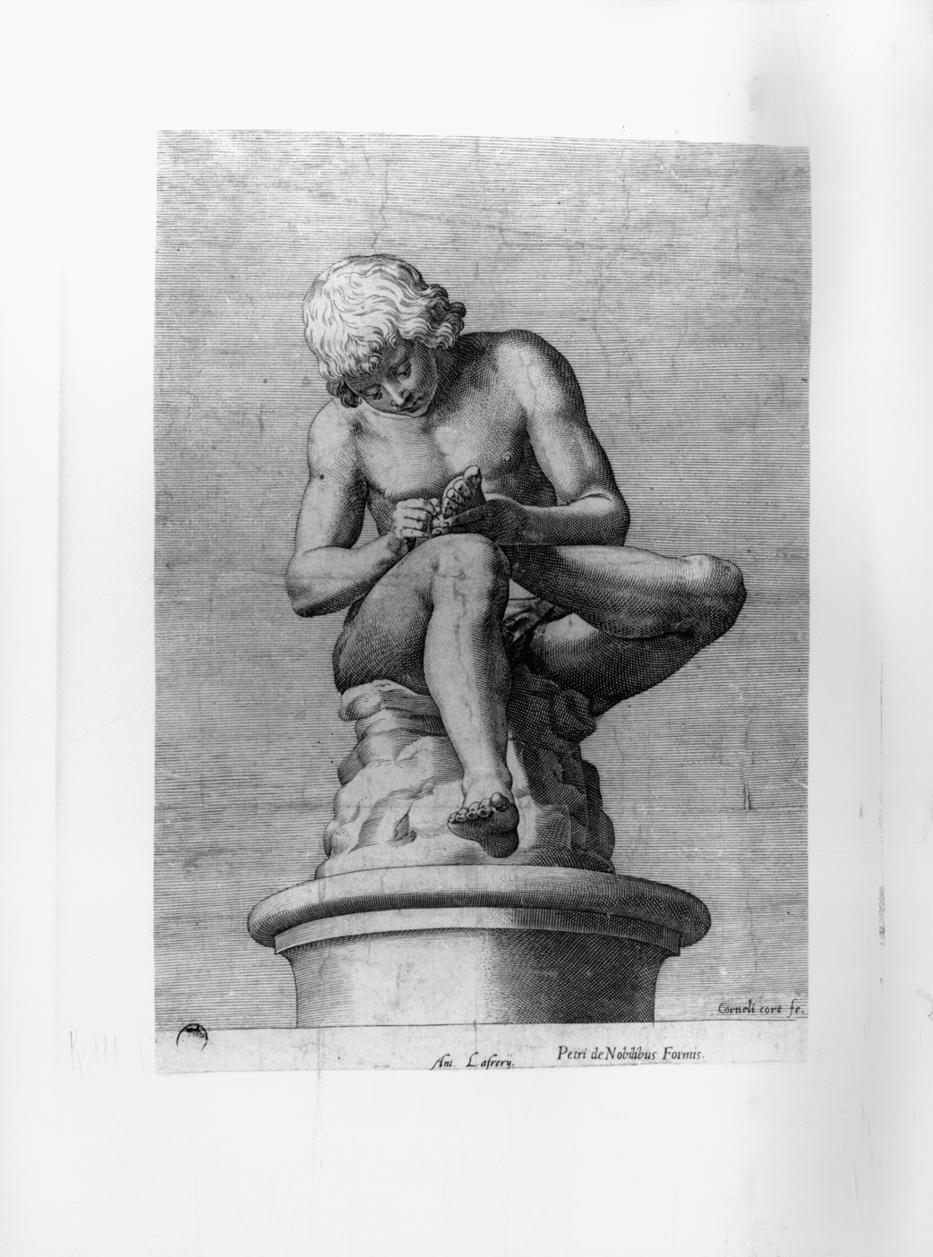 Ragazzo che si toglie la spina dal piede, Spinario (stampa, serie) di Cort Cornelis (terzo quarto sec. XVI)