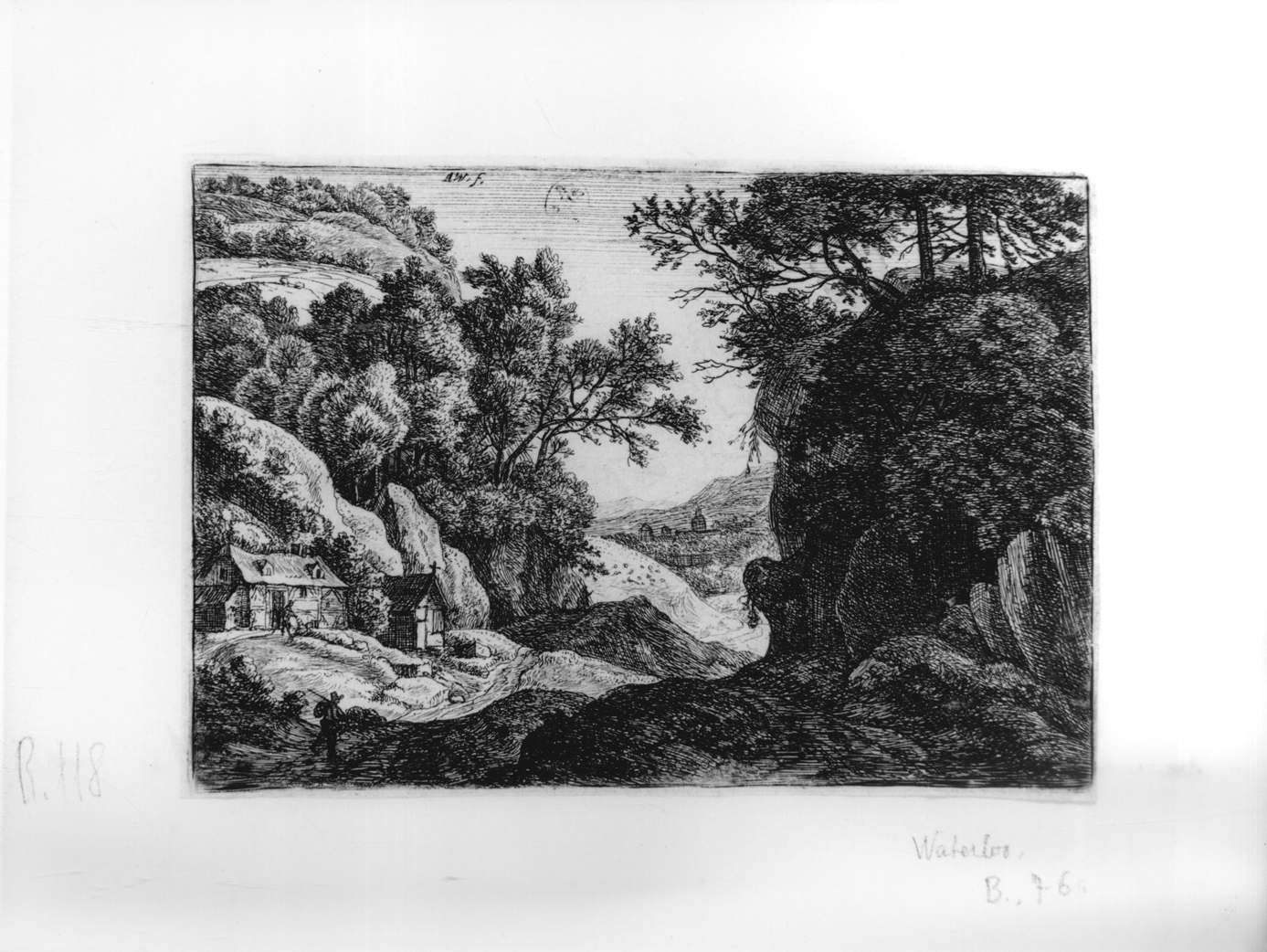 Due capanne ai piedi di un alto monte, paesaggio con alberi e capanne (stampa smarginata, elemento d'insieme) di Waterloo Anthonie (metà sec. XVII)