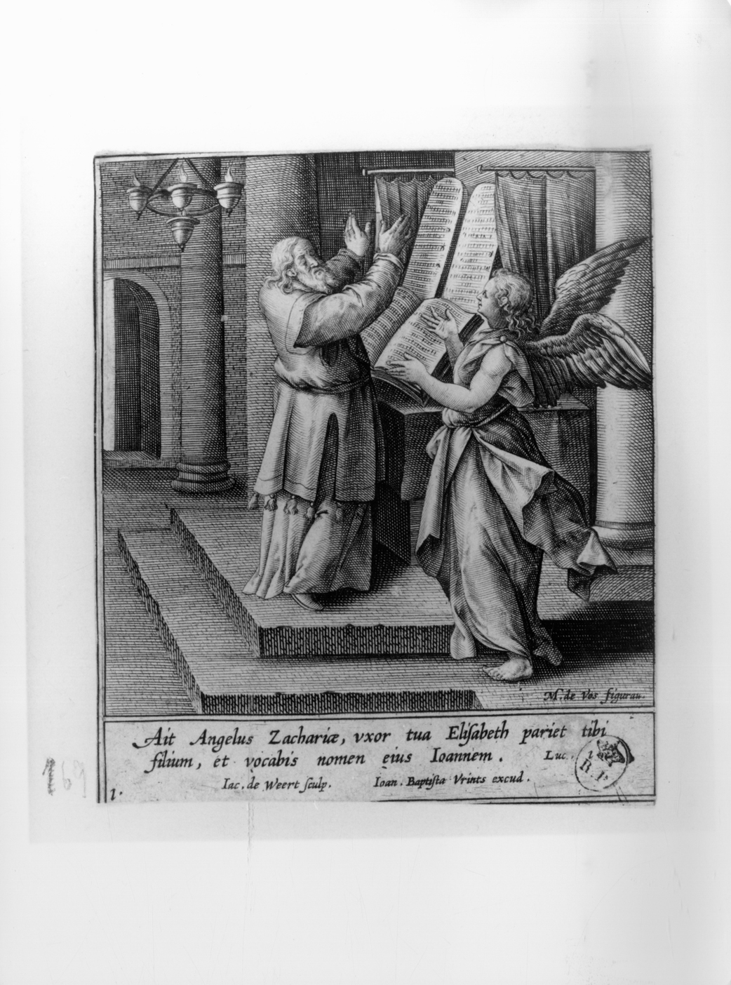 L'annuncio dell'Angelo a Zaccaria, annuncio della nascita di San Giovanni Battista a Zaccaria (stampa smarginata, serie) di de Vos Marteen, De Weert Jacob (ultimo quarto sec. XVI)