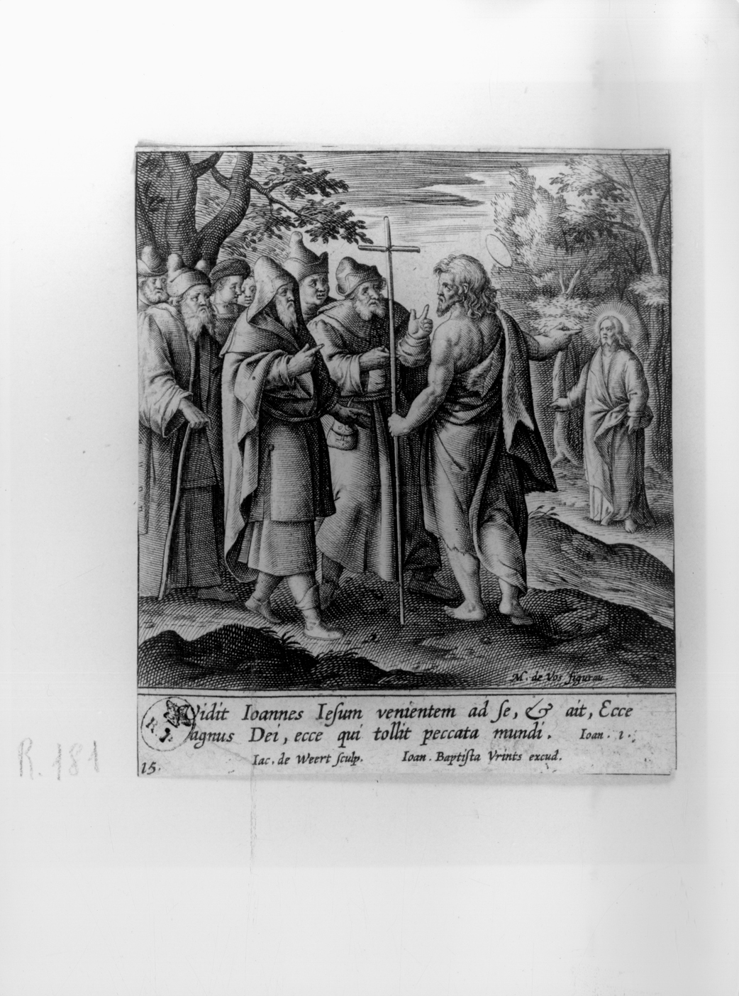 Ecce Agus Dei, San Giovanni Battista benedice Cristo (stampa smarginata, serie) di de Vos Marteen, De Weert Jacob (ultimo quarto sec. XVI)