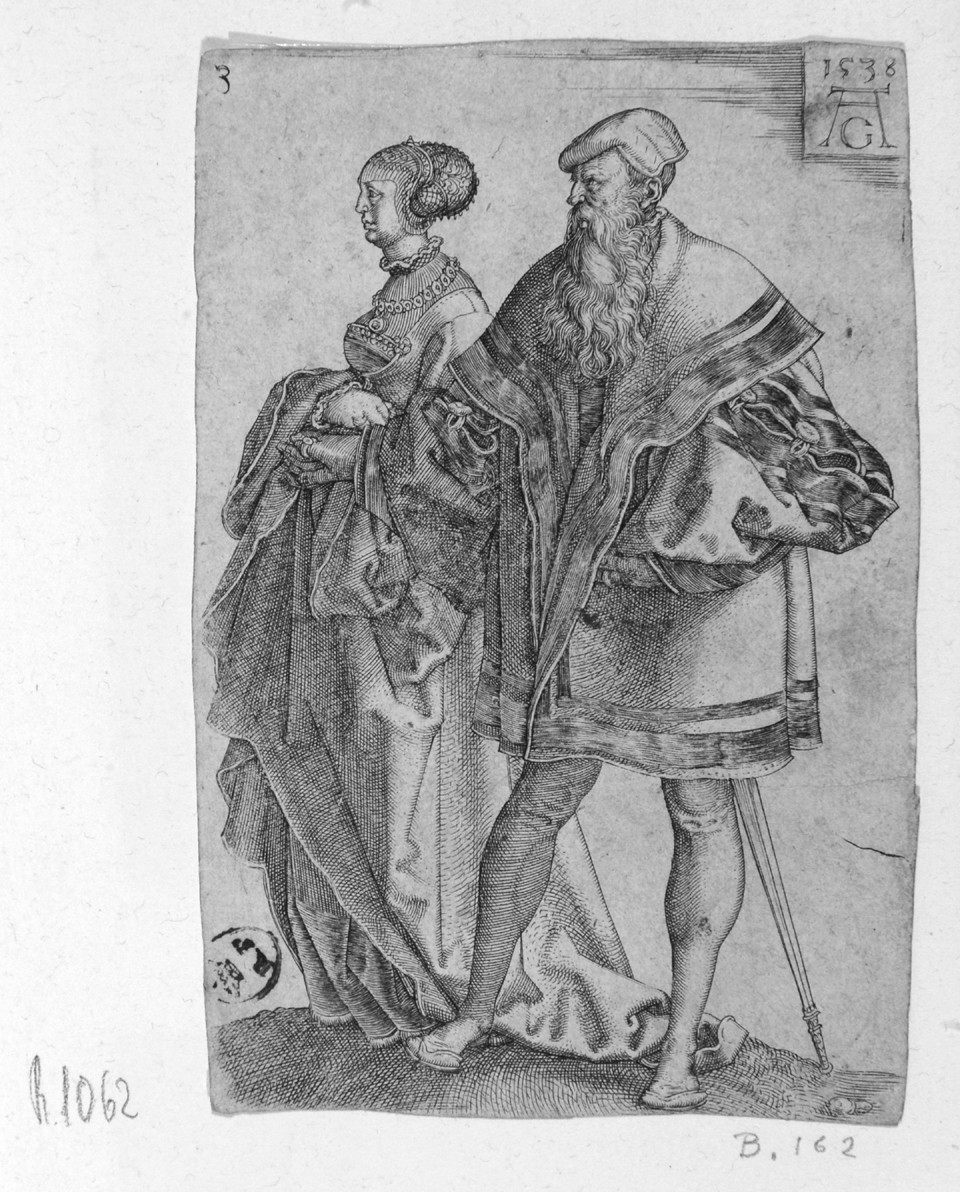 Coppia di danzatori, coppia di danzatori (stampa smarginata, serie) di Aldegrever Heinrich (secondo quarto sec. XVI)
