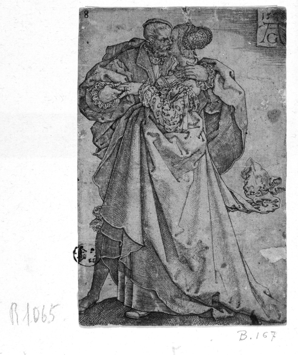 Coppia di danzatori, coppia di danzatori (stampa smarginata, serie) di Aldegrever Heinrich (secondo quarto sec. XVI)