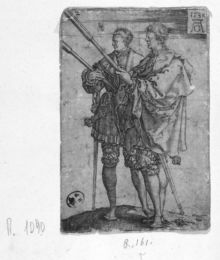 Due uomini con fiaccole, due uomini con fiaccole (stampa smarginata, serie) di Aldegrever Heinrich (secondo quarto sec. XVI)