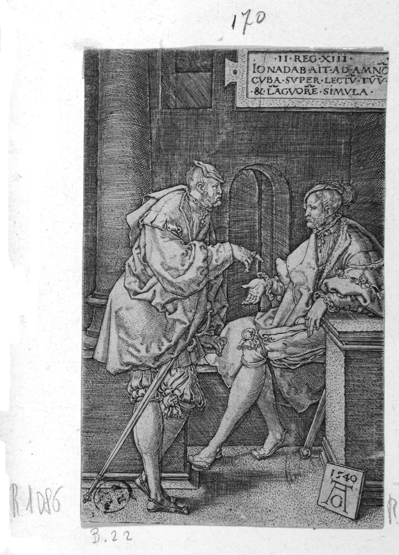 Amnon confessa a Gionadab la sua passione per Tamar, Amnon e Jonadab (stampa smarginata, serie) di Aldegrever Heinrich (secondo quarto sec. XVI)