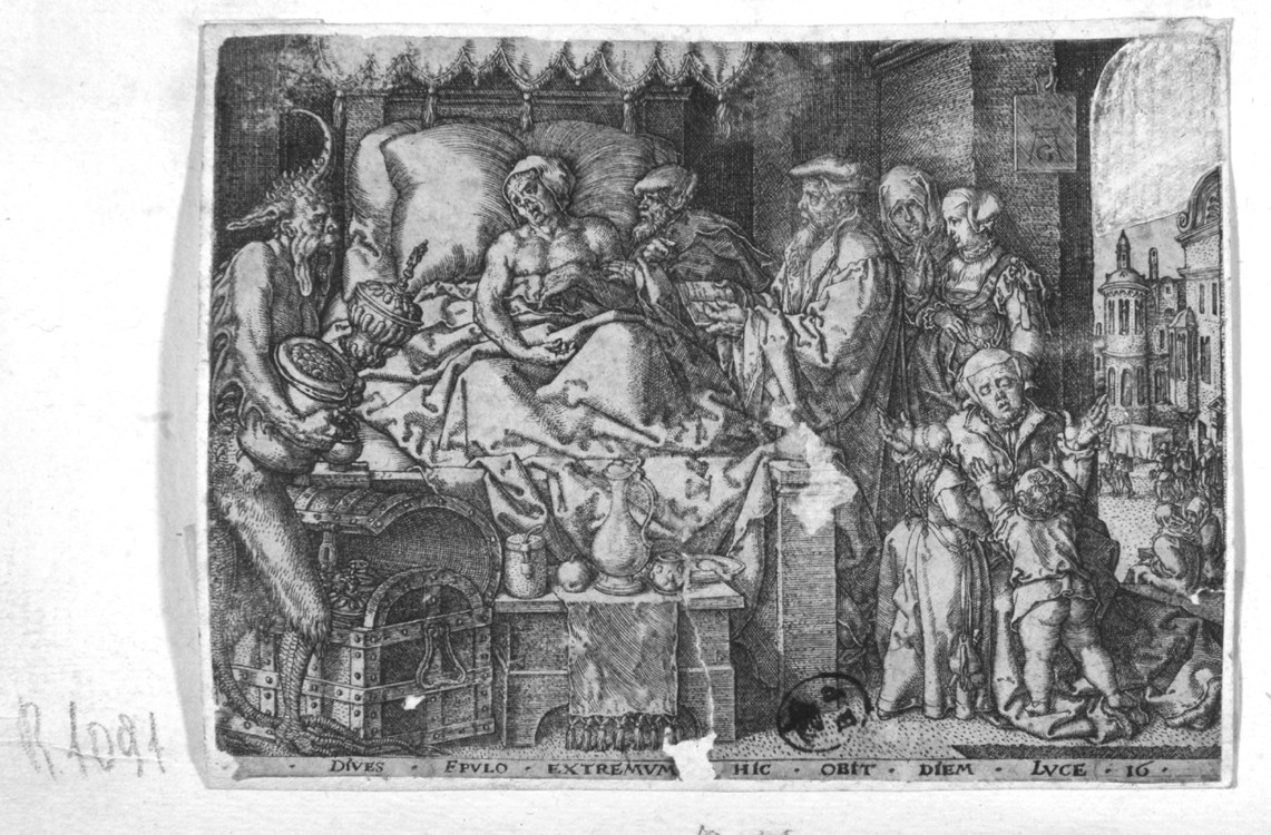 L'uomo ricco nel letto di morte, morte del ricco Epulone (stampa smarginata, serie) di Aldegrever Heinrich (terzo quarto sec. XVI)