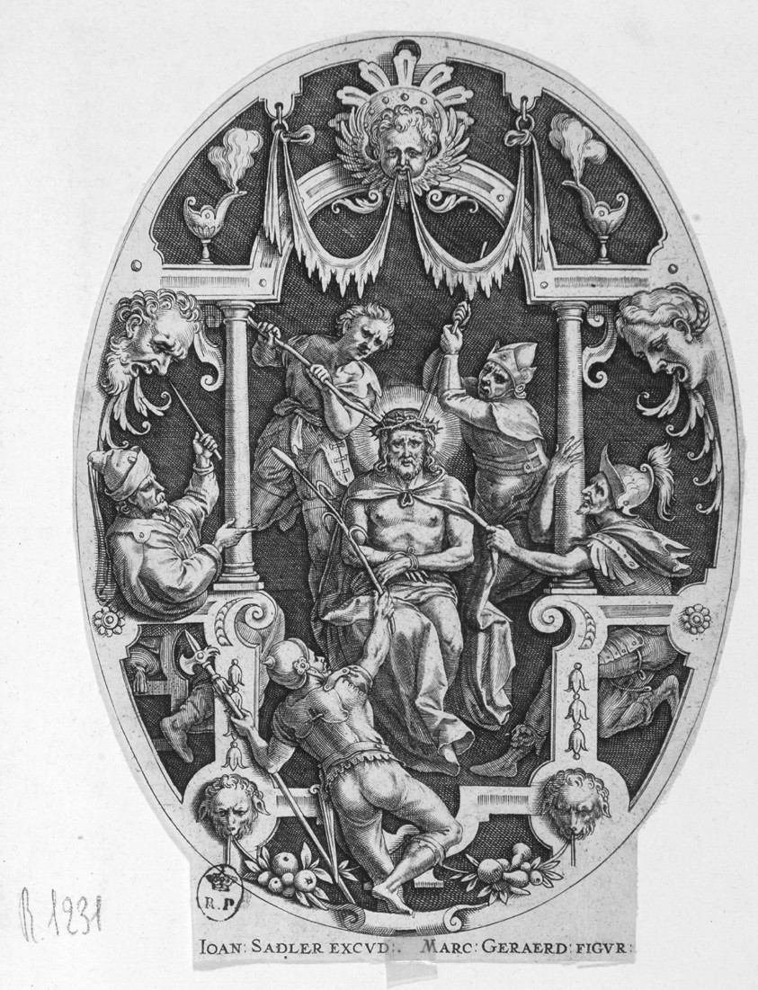 La flagellazione, flagellazione di Cristo (stampa tagliata, serie) di Sadeler Iohannes I, Gheeraerts Marcus il Vecchio (fine sec. XVI)