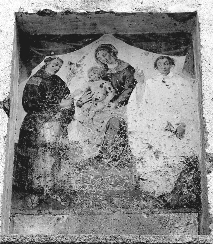 Madonna con Bambino tra Sant'Antonio da Padova e San Bernardo (dipinto murale, opera isolata) - ambito della Valsesia (metà sec. XVII)