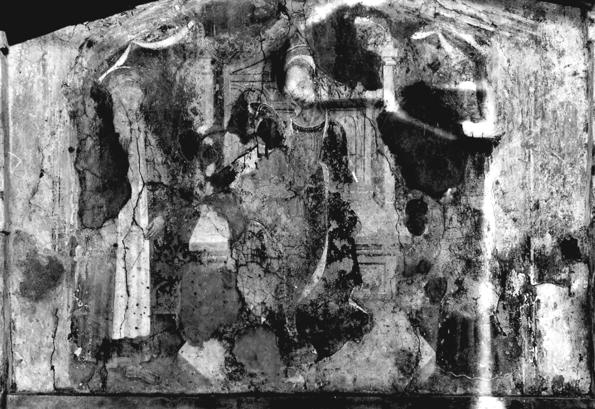 Madonna con Bambino tra Santi Damiano e Bernardo da Mentone (dipinto murale, opera isolata) - ambito monregalese (fine/ inizio secc. XV/ XVI)