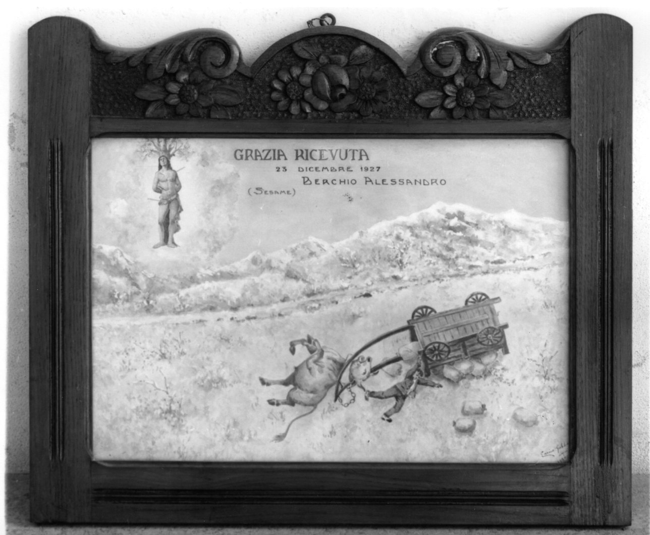 San Sebastiano intercede per un incidente (dipinto, opera isolata) di Gabbio Enrico (secondo quarto sec. XX)