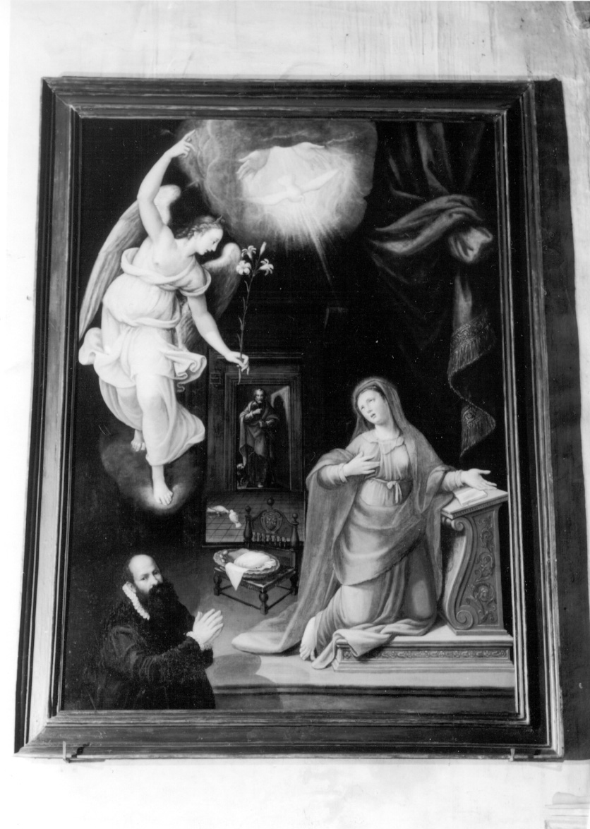 Annunciazione e committente (dipinto, opera isolata) - ambito lombardo-emiliano (ultimo quarto sec. XVI)