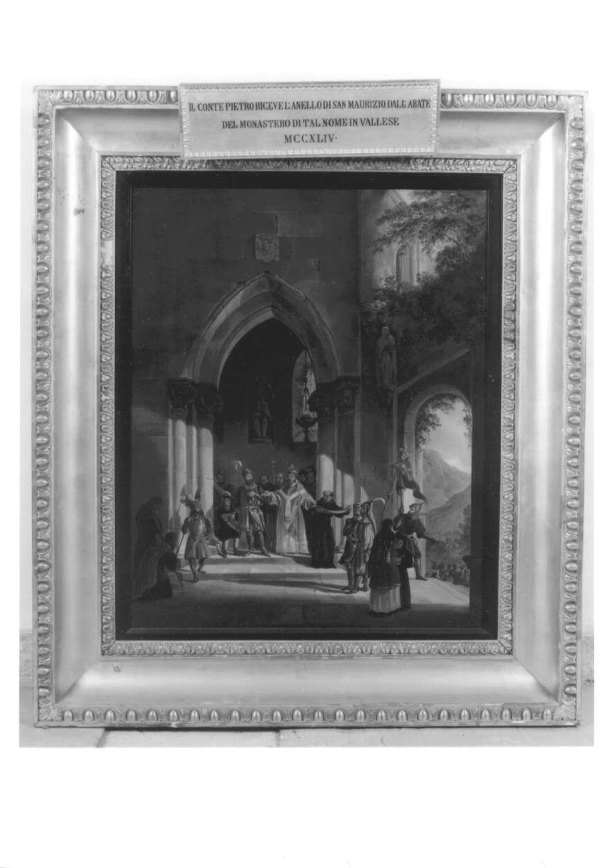 Il conte Pietro riceve l'anello di San Maurizio dall'abate del monastero di tal nome in Vallese, MCCXLIV, Pietro di Savoia riceve l'anello di San Maurizio dall'abate di Saint-Maurice d'Augune (dipinto, opera isolata) di Migliara Giovanni (secondo quarto sec. XIX)