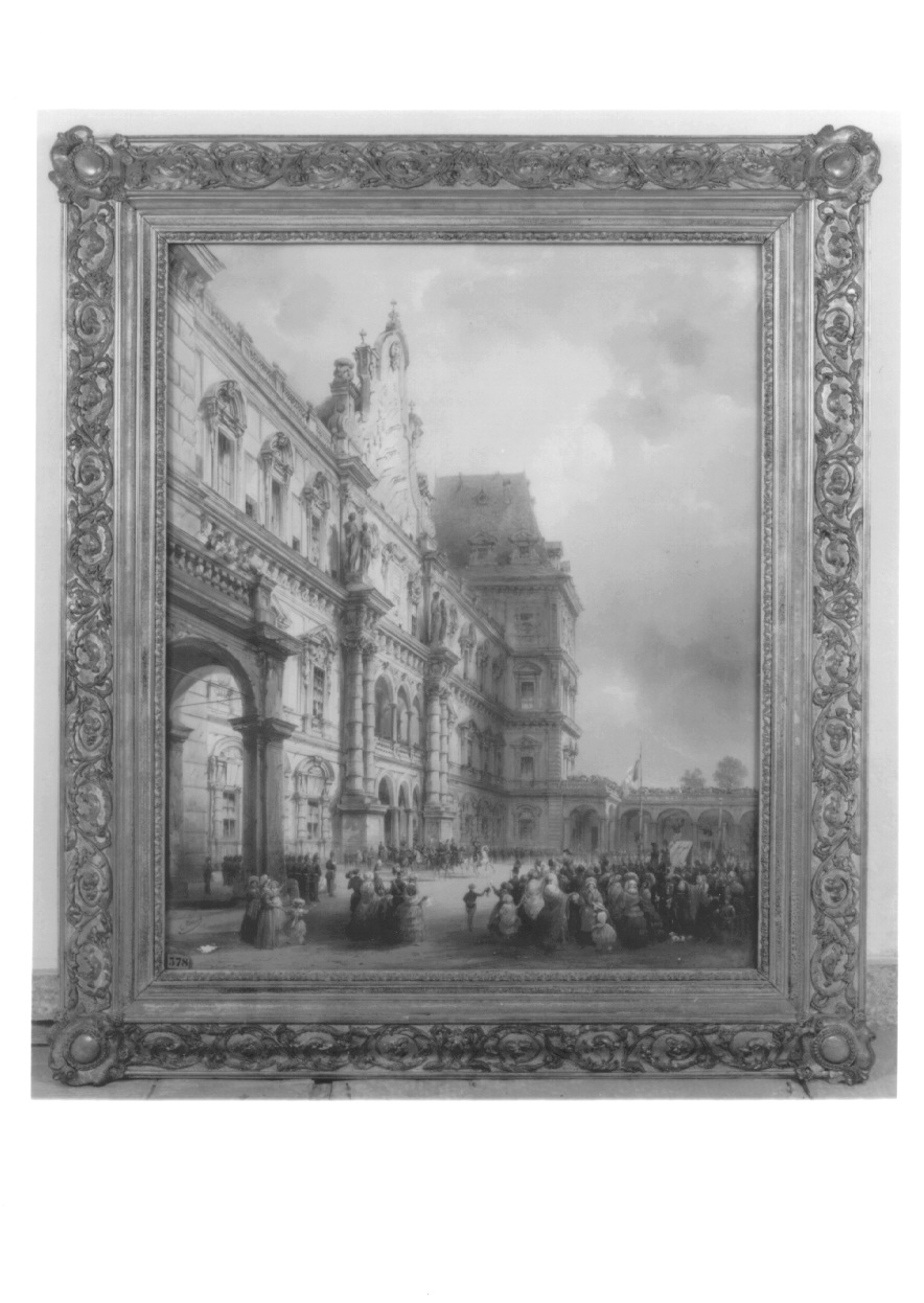 Cortile del real castello del Valentino nel maggio del 1851, veduta del castello del Valentino di Torino (dipinto, opera isolata) di Bossoli Carlo (metà sec. XIX)