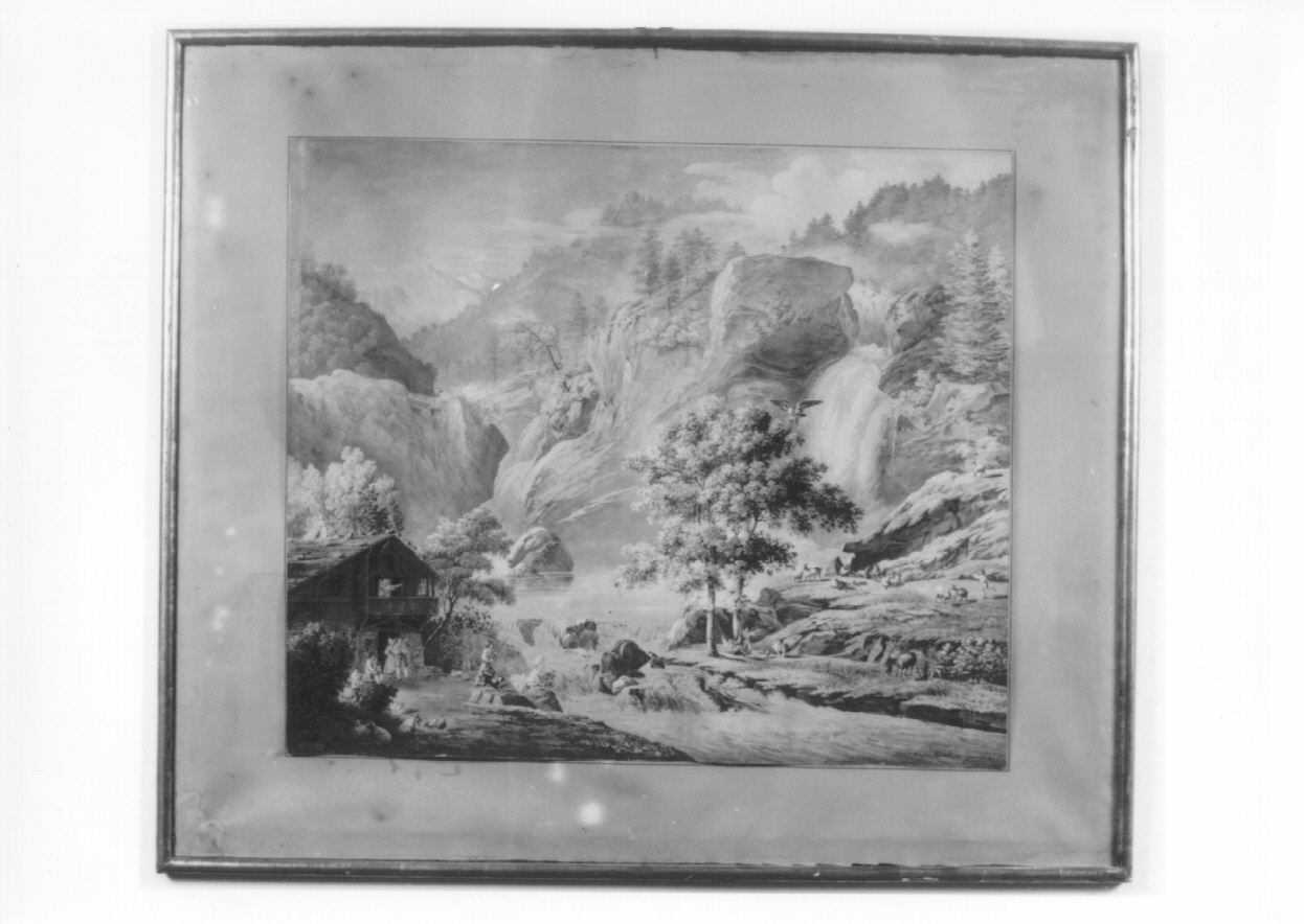 paesaggio montano con caccia all'aquila (dipinto, opera isolata) di Lombardi Virginia (metà sec. XIX)