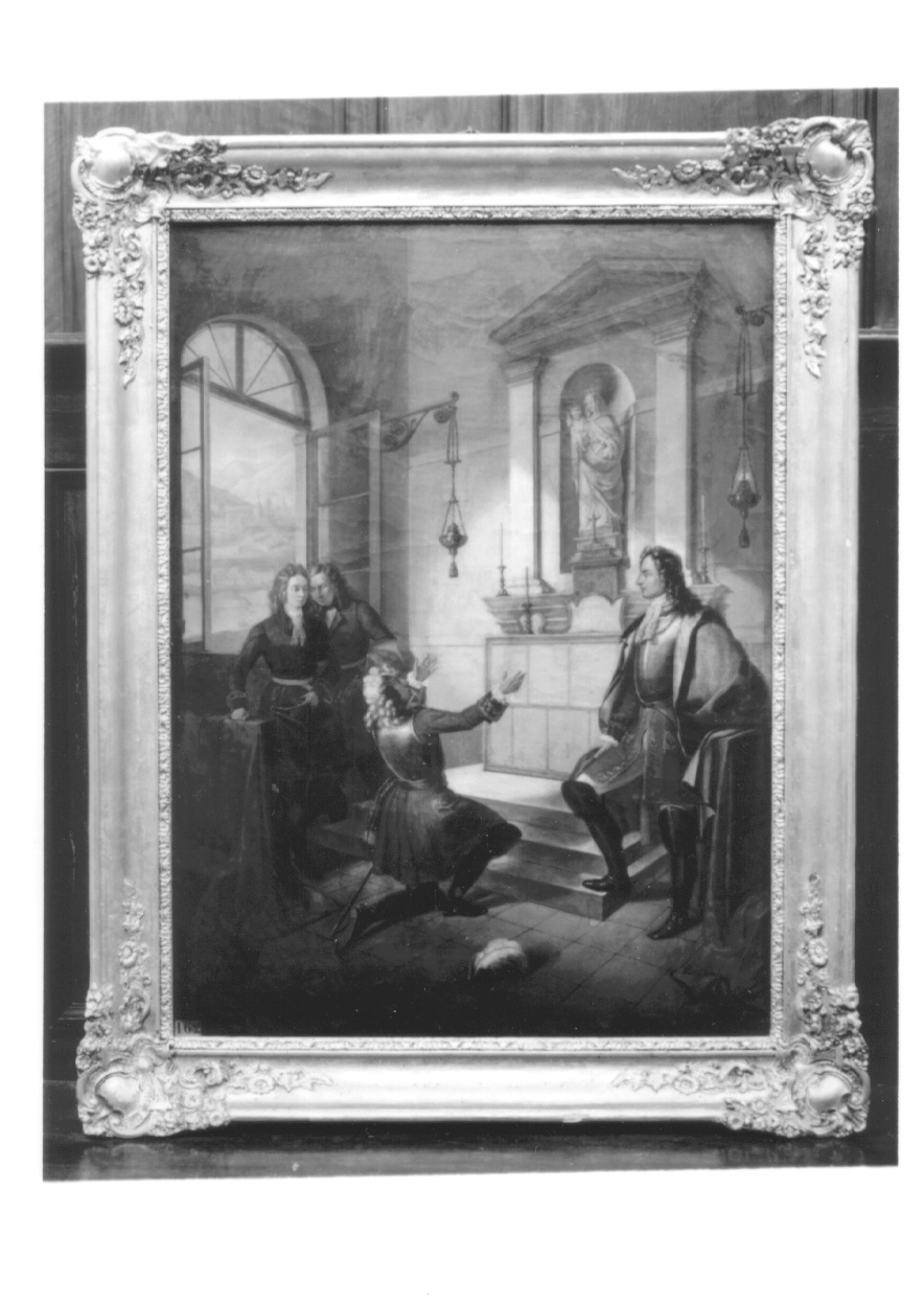 Il duca Vittorio Amedeo II che fa voto di erigere il tempio di Superga, voto di Vittorio Amedeo II di Savoia per la costruzione della basilica di Superga (dipinto, opera isolata) di Ferrero Giacinta (sec. XIX)