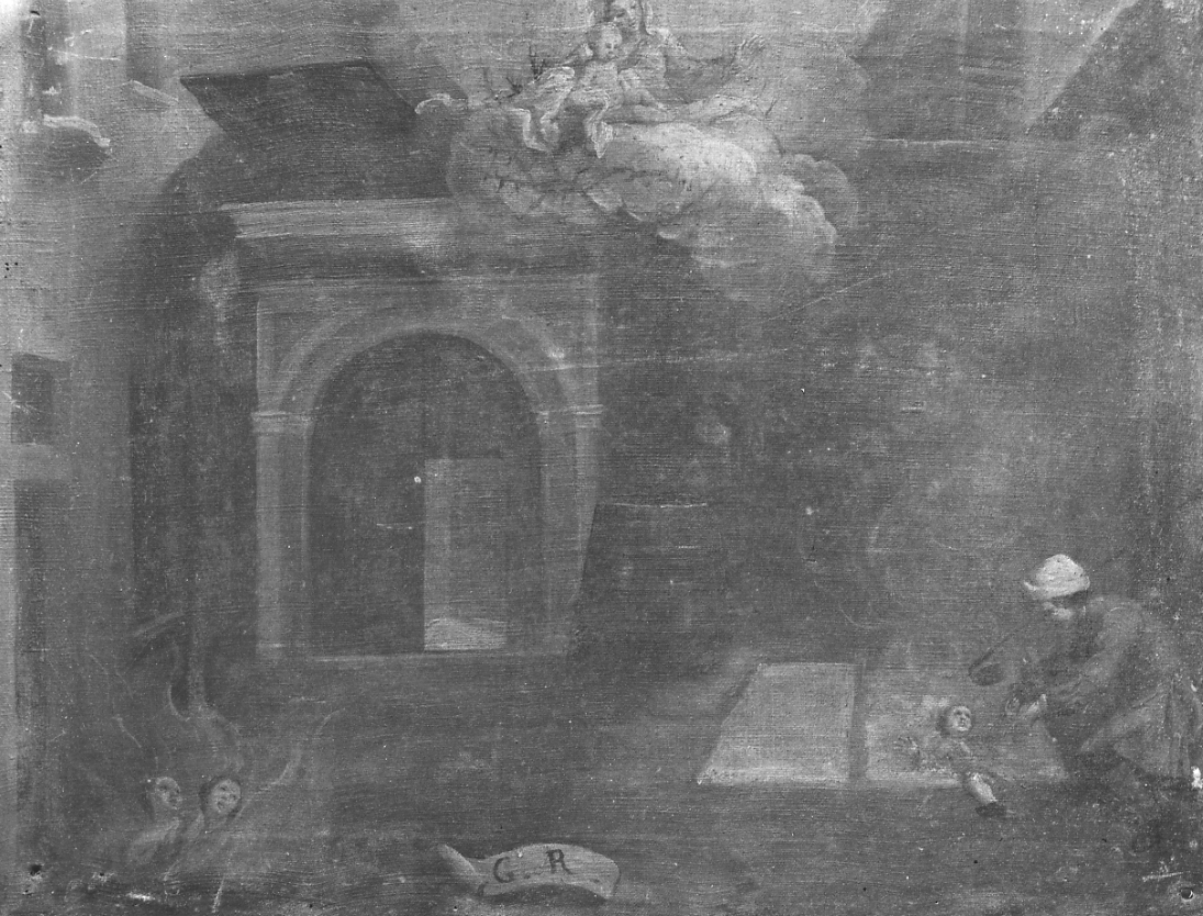Madonna con Bambino intercede per salvare un bambino (dipinto, opera isolata) - ambito cusiano (prima metà sec. XVIII)